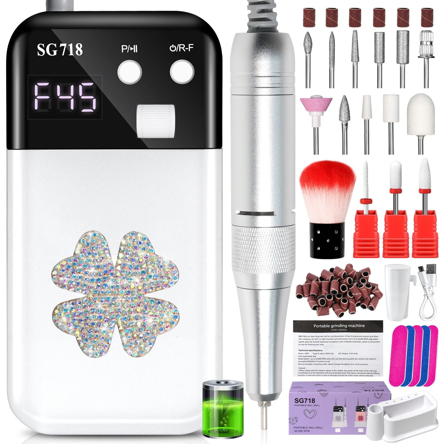 Nail Drill, Portable Electric Nail File 45000RPM, Rechargeable Nail Drill Professional with Bits & Base, for Acrylic Gel Nails, E-File Machine, Manicure Polishing, for Salon Home 7DAY'S