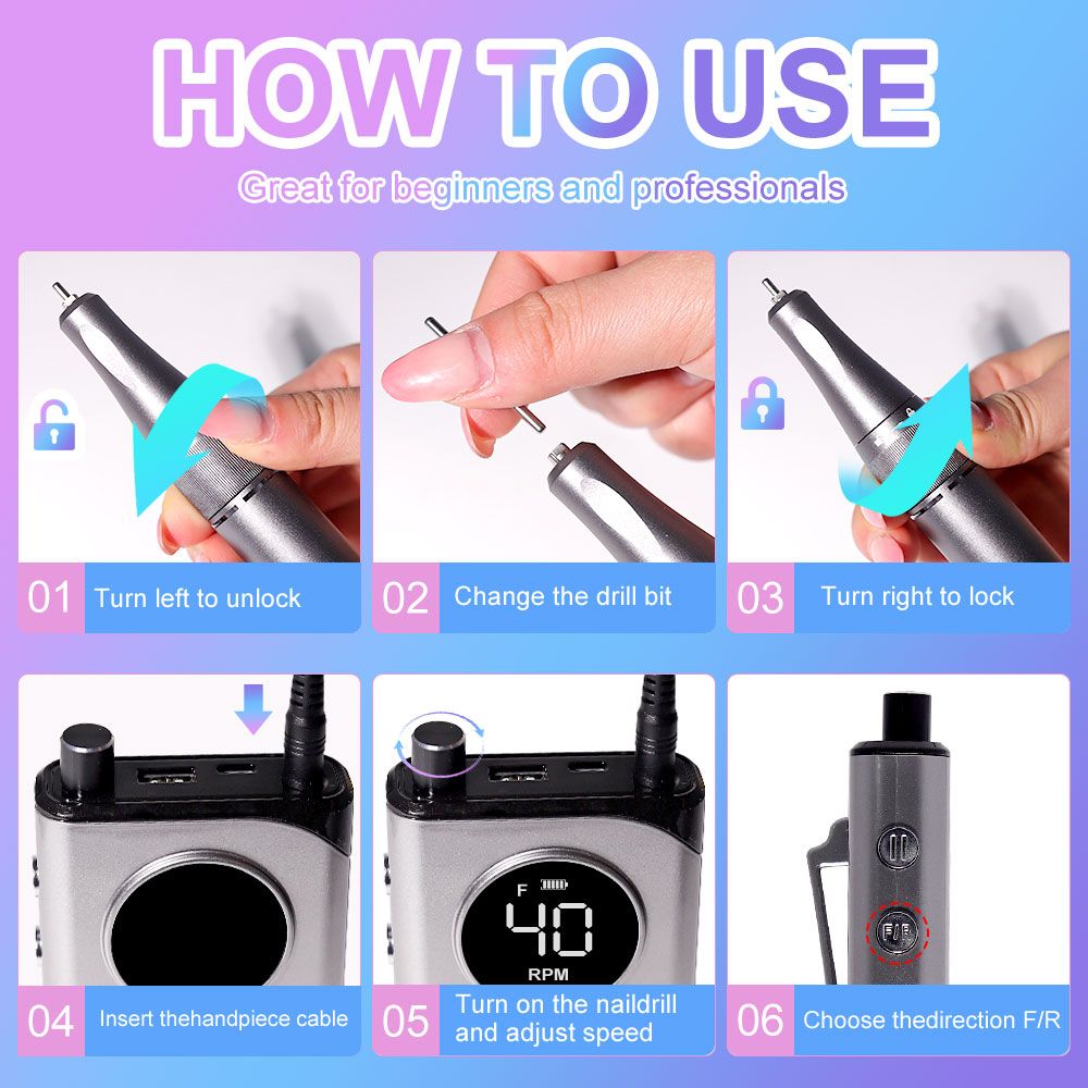 40000RPM Nail Drill Machine Electric Portable Nail File Rechargeable Nail Sander for Gel Nails Polishing For Home Manicure Salon 7DAY'S
