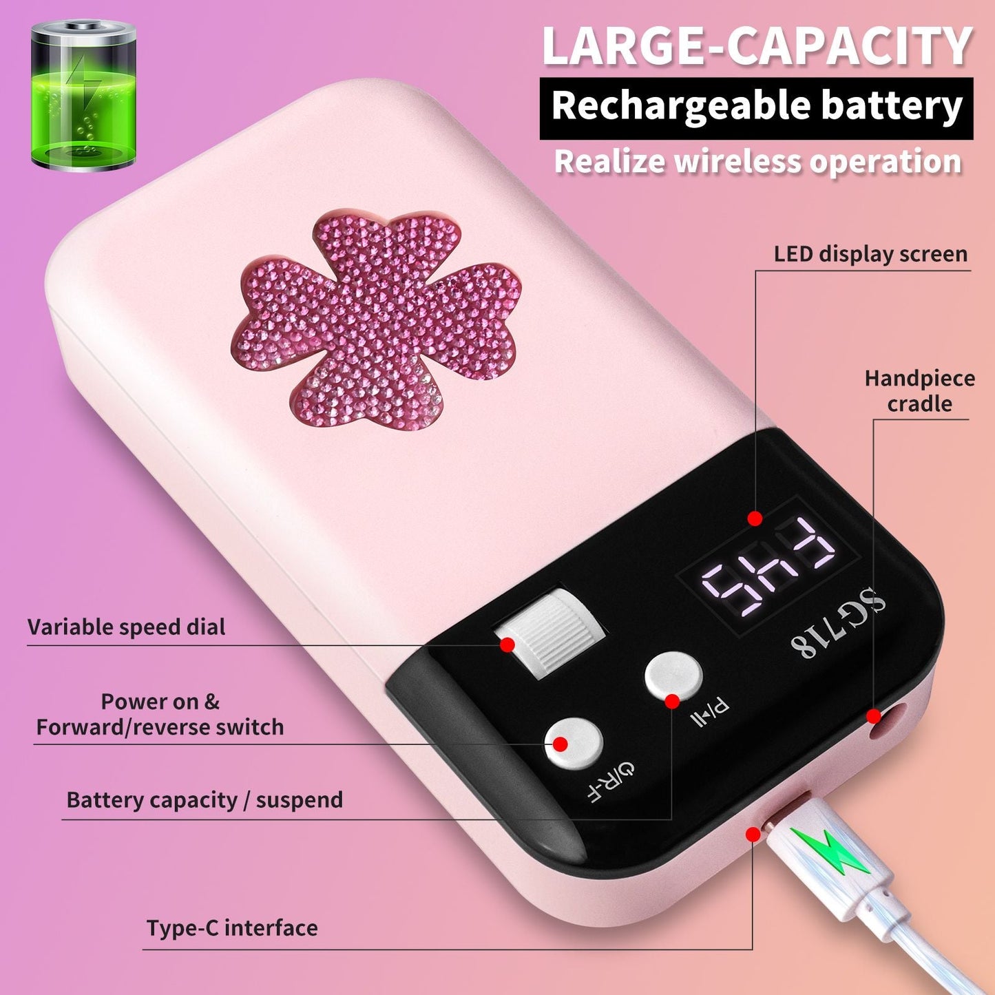 Nail Drill, Portable Electric Nail File 45000RPM, Rechargeable Nail Drill Professional with Bits & Base, for Acrylic Gel Nails, E-File Machine, Manicure Polishing, for Salon Home 7DAY'S
