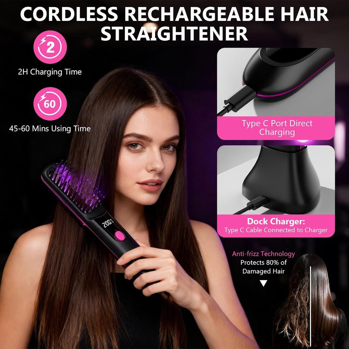 Hair Straightener, Cordless Hair Straightening Brush Portable Cordless Comb with Base Negative Ion Rechargeable Brush for Frizz-Free Shine Straightening, 6400mAh Fast Heating (Black) Uncle LOL