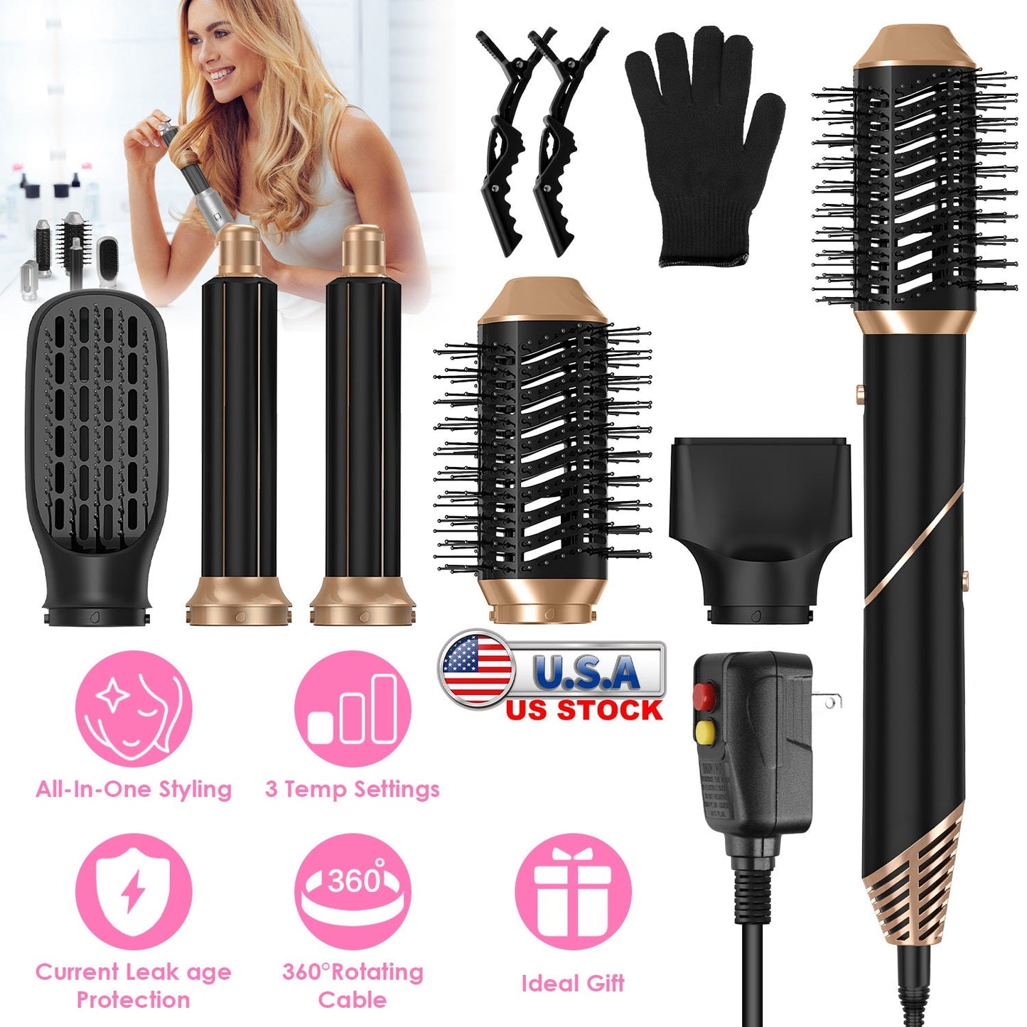 5 In 1 Hot Air Styler Straightener Curler Dryer Automatic Wrap Styler Hair Dryer Brush Set with 3 Temp Settings ALCI Plug Glove Cable Tie 2 Alligator GBruno Store
