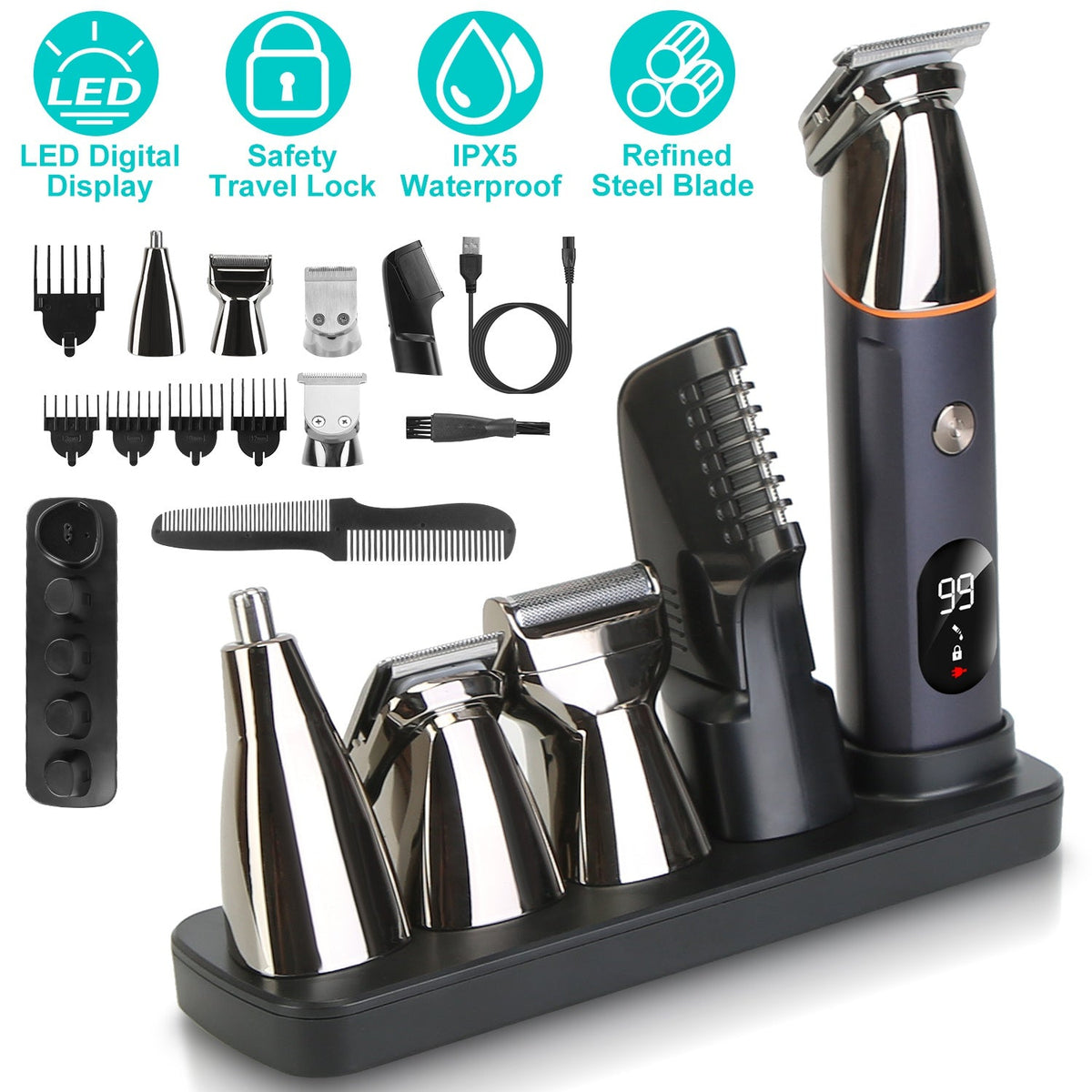 All In One Beard Trimmer for Men With 5 Trimmer Heads IPX5 Waterproof Electric Razor For Face Nose Body Beard Cordless Hair Shaver Clipper Grooming Ki Gamba Beauty