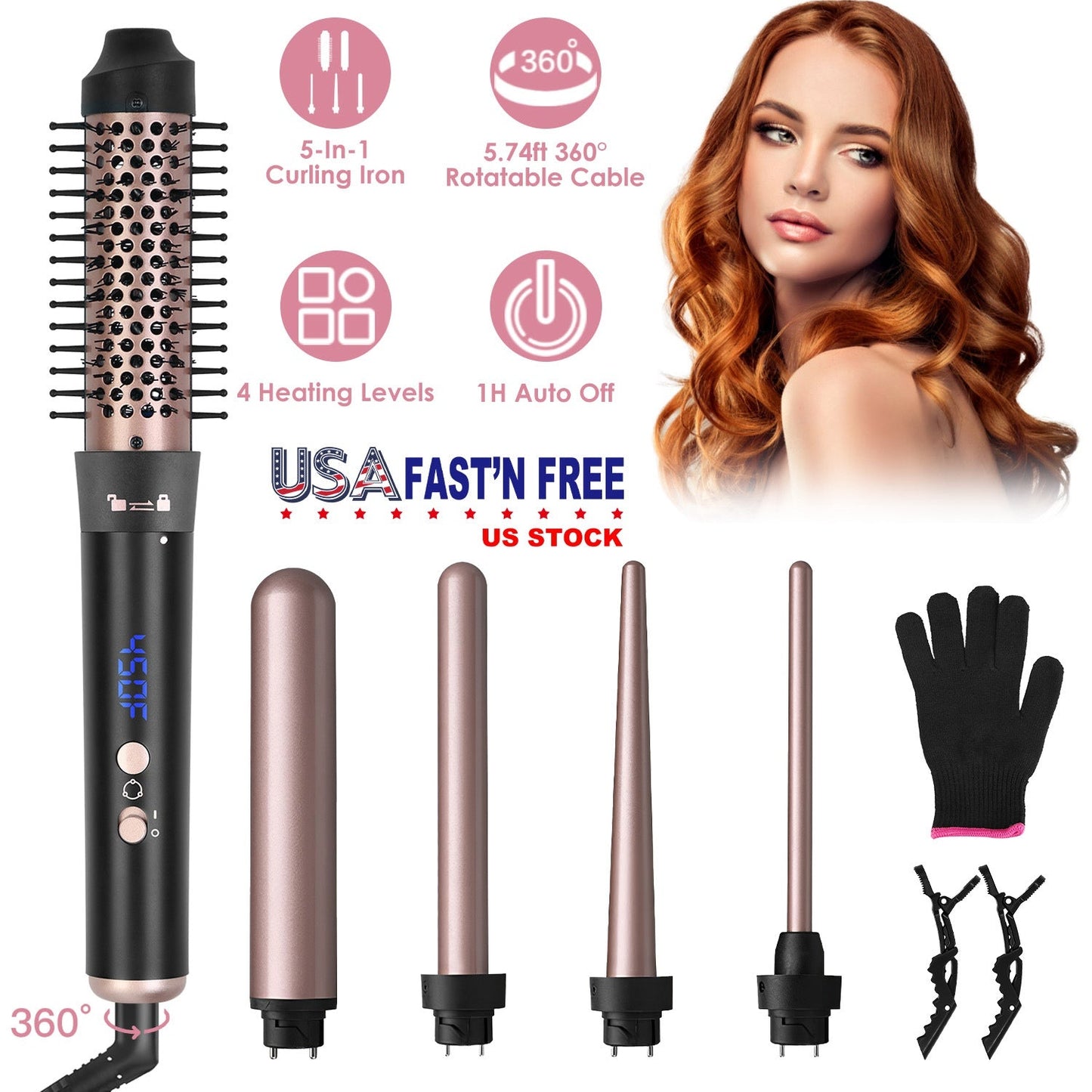 5 in 1 Curling Wand Hair Curling Iron Brush Anti-Tangle HairÊThermal Brush Curler with 4 Heating Levels 360¡ Rotatable Cable 5 Interchangeable Barrels GBruno Store