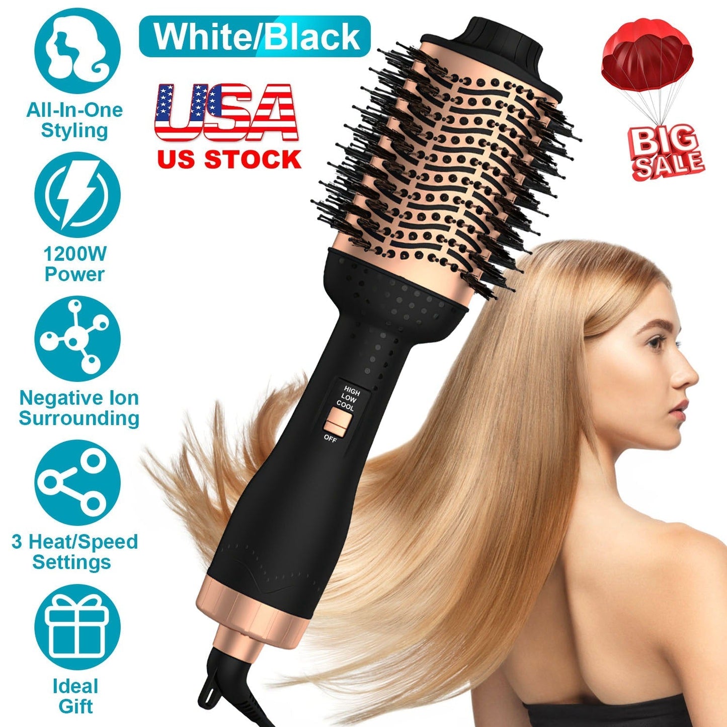 4 In 1 Hair Dryer Brush Curling Brush Hair Styler Volumizer Straightener Negative Ion Anti-frizz Hot-Air Hair Brush for All Hair Types Black White GBruno Store