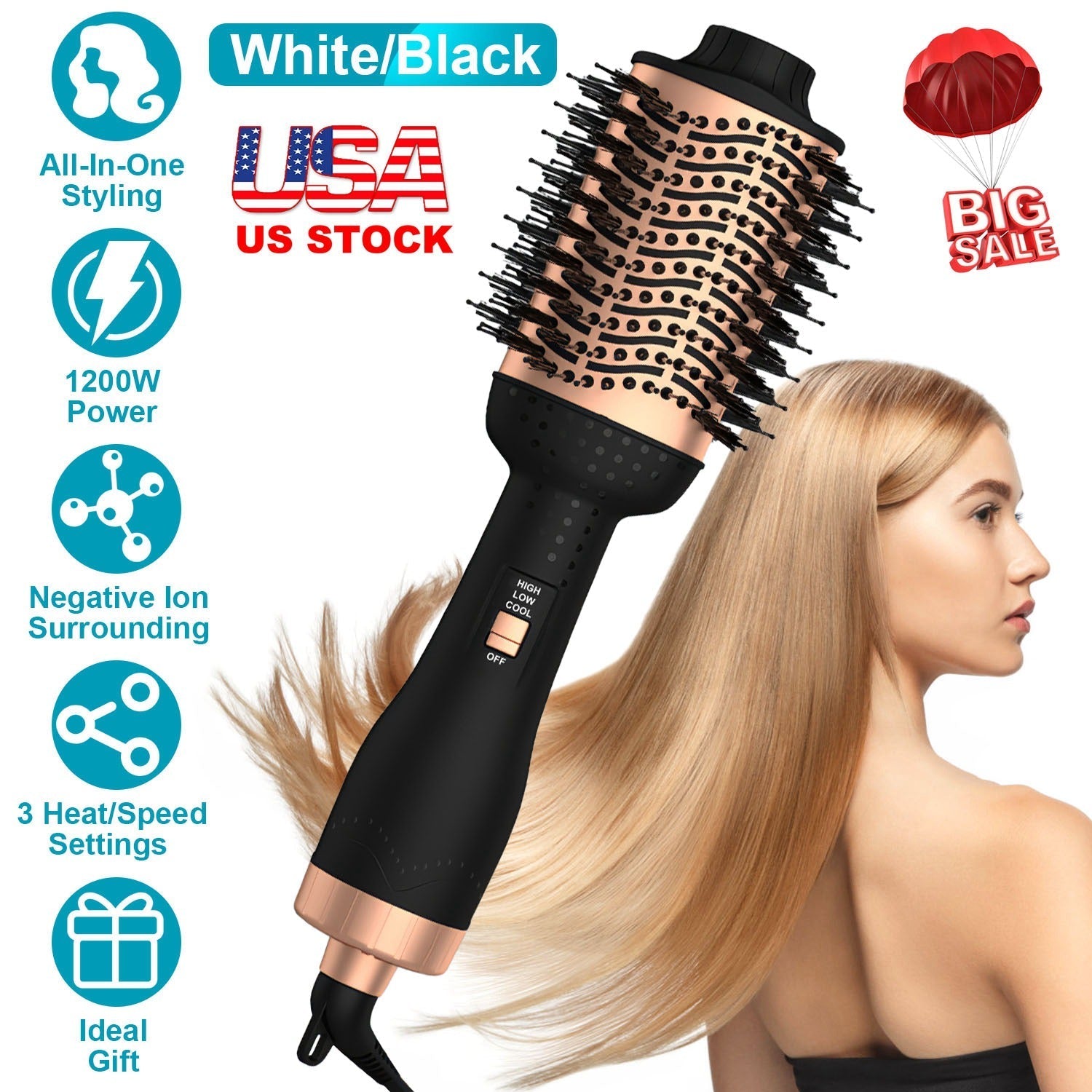 4 In 1 Hair Dryer Brush Curling Brush Hair Styler Volumizer Straightener Negative Ion Anti-frizz Hot-Air Hair Brush for All Hair Types Black White GBruno Store