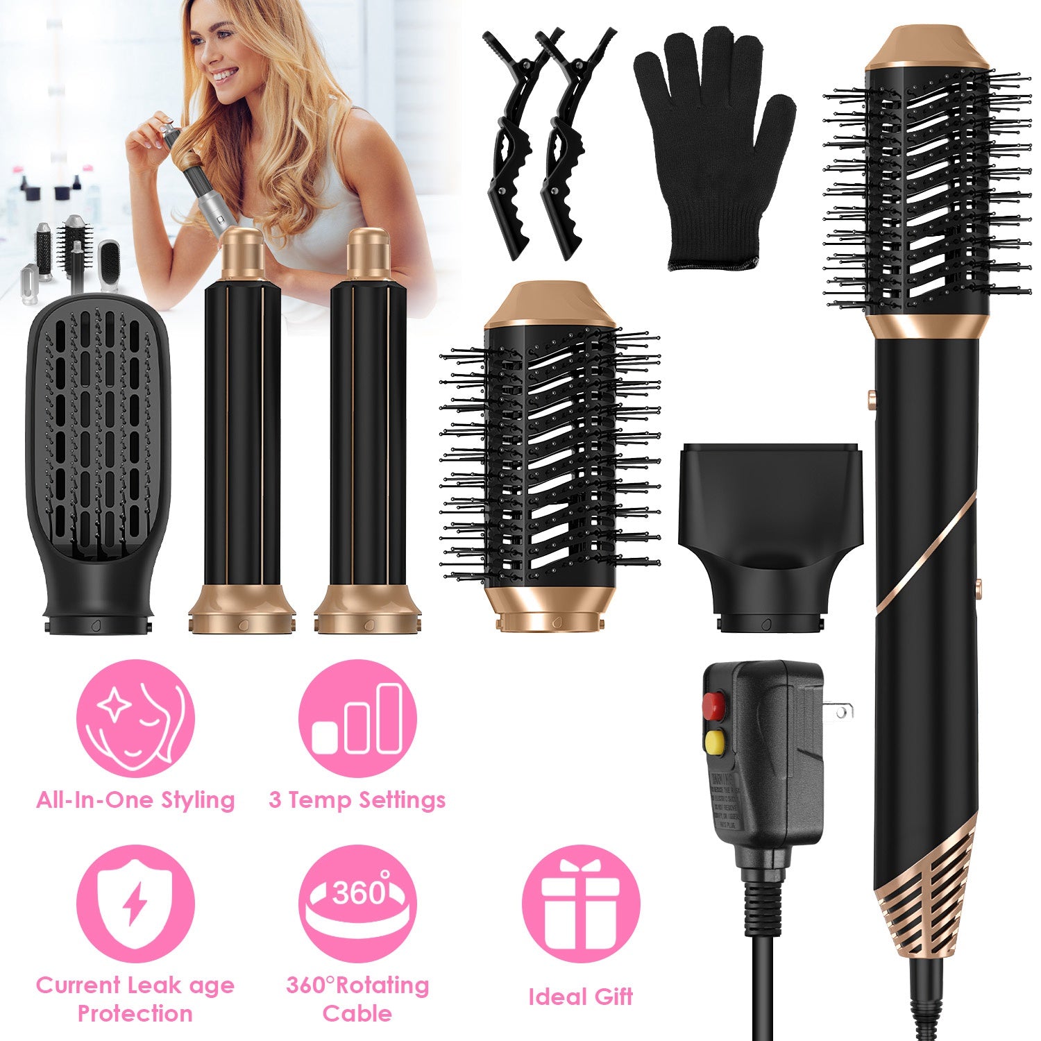 5 In 1 Hot Air Styler Straightener Curler Dryer Automatic Wrap Styler Hair Dryer Brush Set with 3 Temp Settings ALCI Plug Glove Cable Tie 2 Alligator GBruno Store