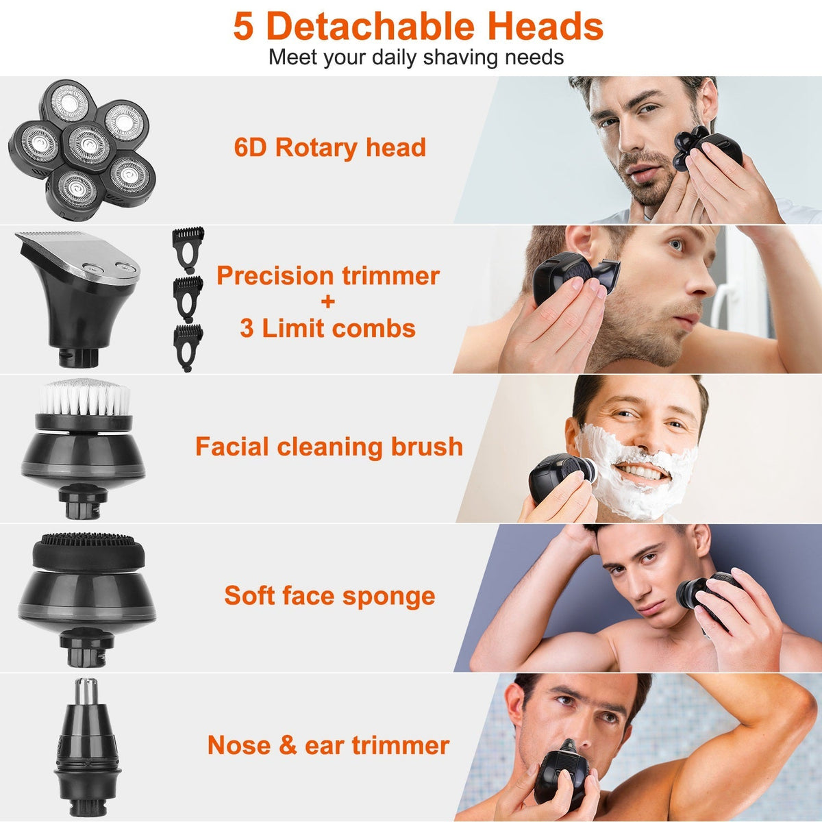 5 In 1 Electric Razor For Bald Men Rechargeable Cordless Head Beard Trimmer Shaver Kit IPX6 Waterproof Dry Wet Grooming Kit with 3 Combs GBruno Store