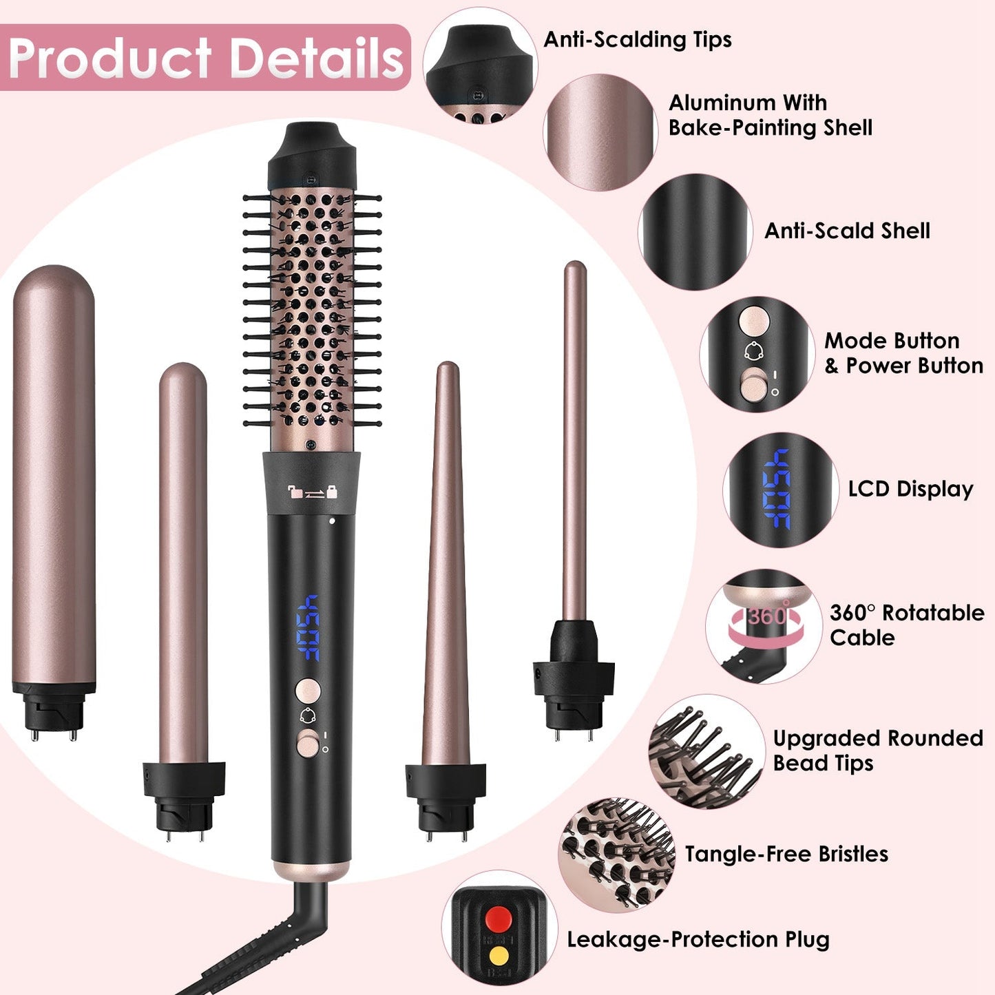 5 in 1 Curling Wand Hair Curling Iron Brush Hair Thermal Brush Curler with 4 Heating Levels 360¡ Rotatable Cable 5 Interchangeable Barrels 2 Clips Lea GBruno Store