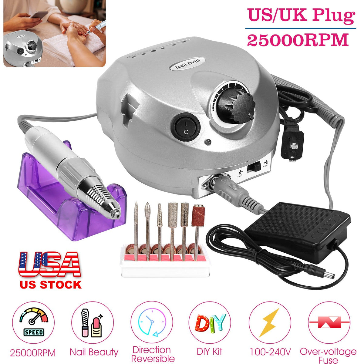 Acrylic Nail Drill Machine 25000RPM Electric Handpiece Glazing w/6 Bits Cuticle Grinder Manicure Pedicure Polishing File Kit for Nail Art Gamba Beauty