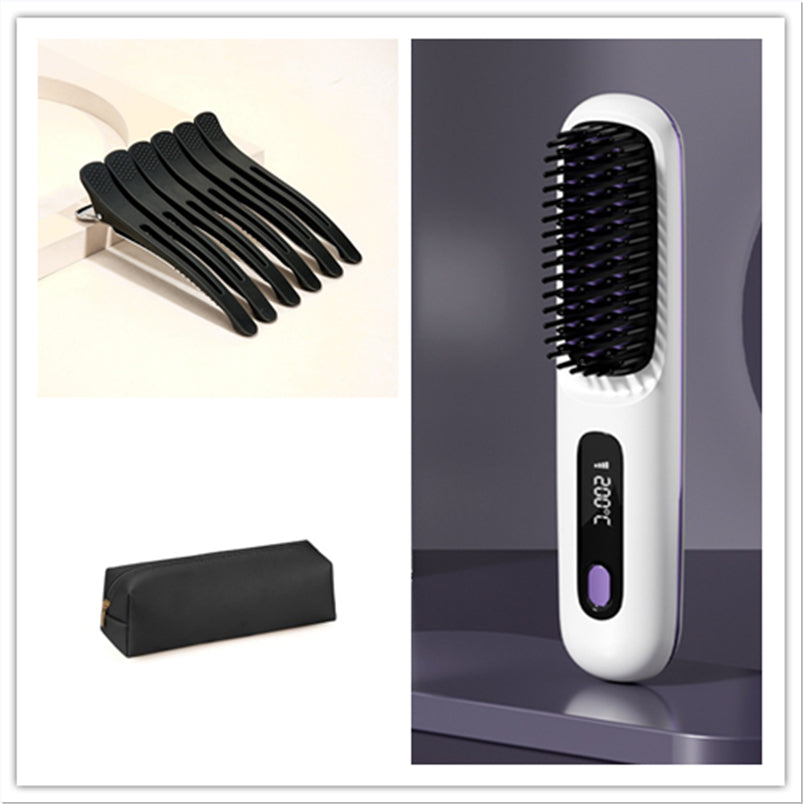 2 In 1 Straight Hair Comb Wireless Hair Straightener Brush Hair Fast Heating Portable Hot Curler USB Charging Elyvora LLC
