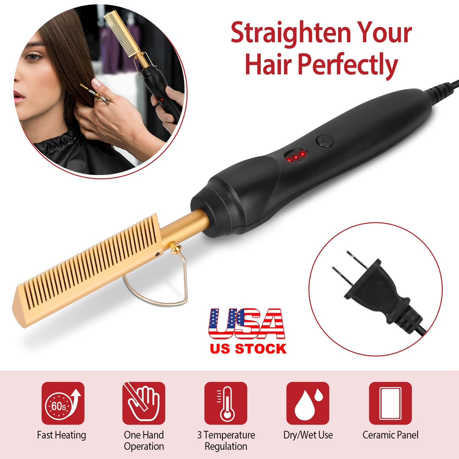 Electric Heating Hair Comb PTC Ceramic Hair Straightener Curler Brush Hair Straight Styler Wet Dry Use w/ 3 Temperature Adjustment GBruno Store