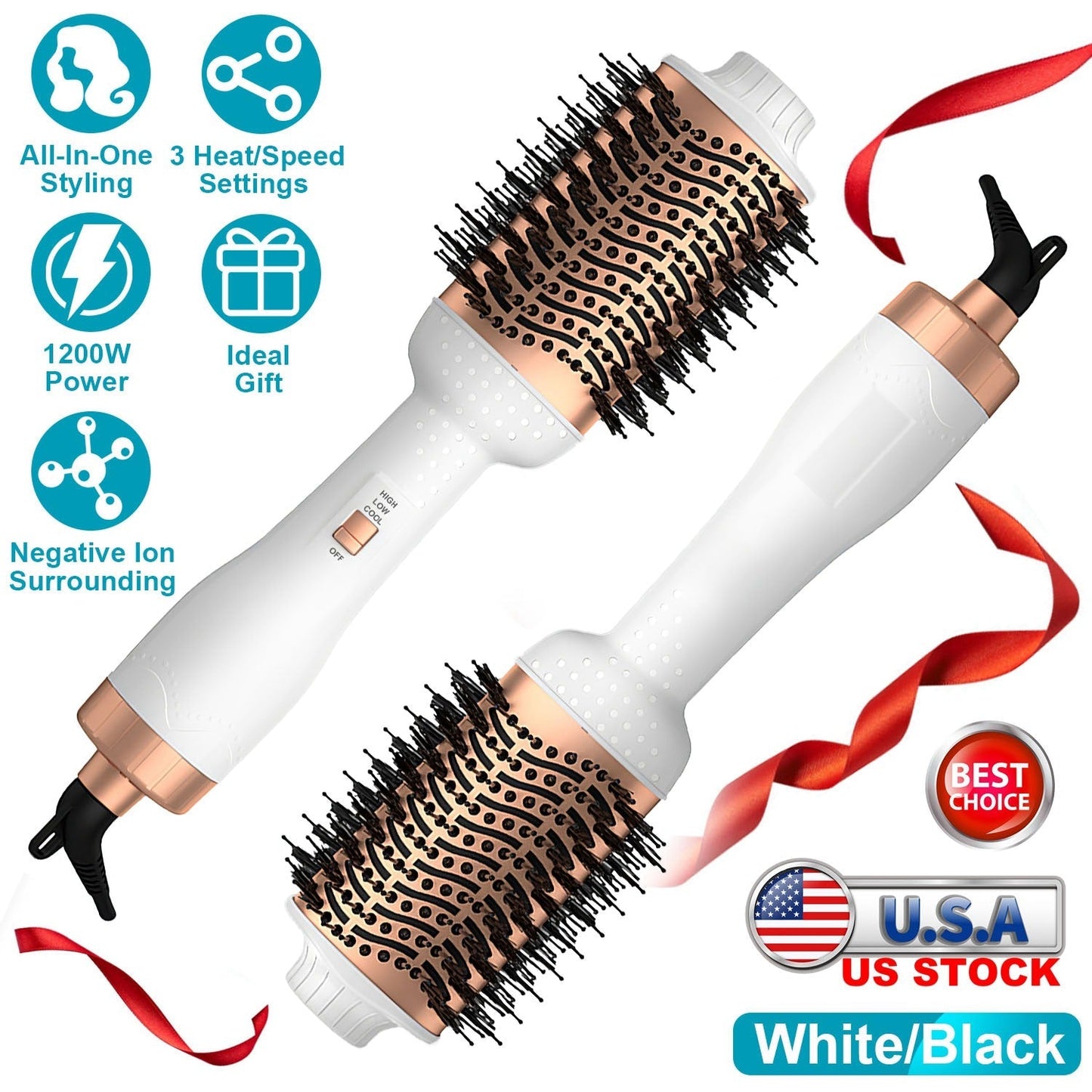 4 In 1 Hair Dryer Brush Curling Brush Hair Styler Volumizer Straightener Negative Ion Anti-frizz Hot-Air Hair Brush for All Hair Types Black White GBruno Store