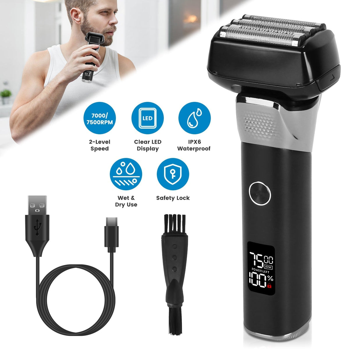 Electric Foil Face Shaver 5-Blade Electric Razor for Men Wet & Dry Jawline Beard Trimmer Precision Sideburn Shavers IPX6 Waterproof with LED DisplayÊC GBruno Store