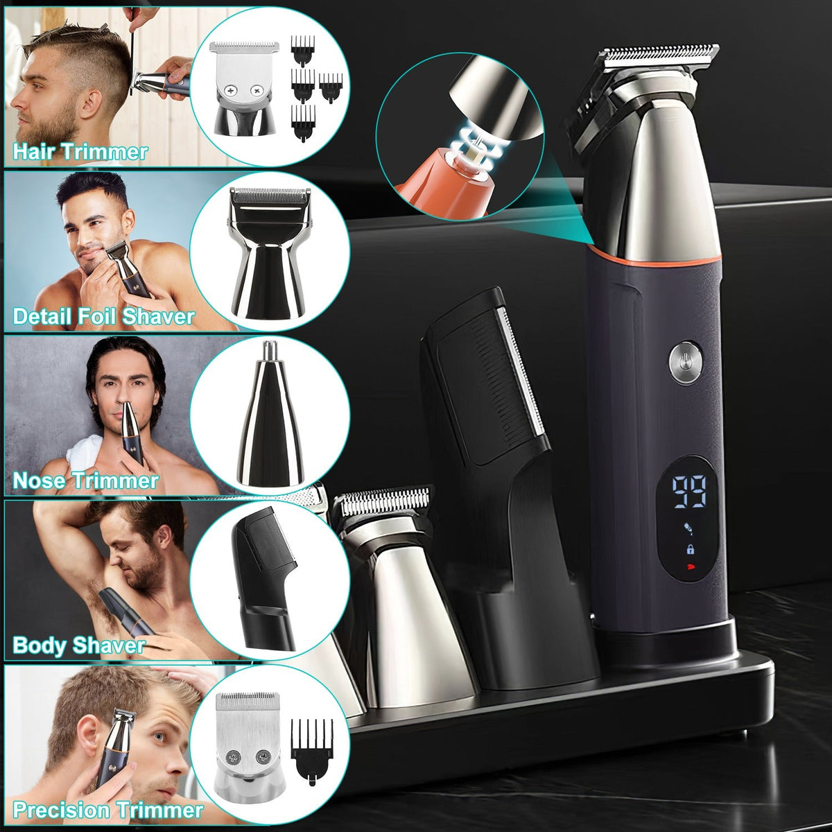 All In One Beard Trimmer for Men With 5 Trimmer Heads IPX5 Waterproof Electric Razor For Face Nose Body Beard Cordless Hair Shaver Clipper Grooming Ki Gamba Beauty