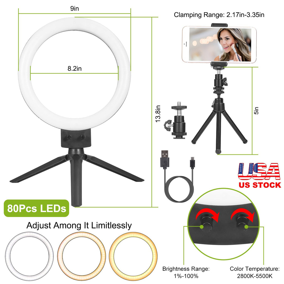 9" Dimmable LED Ring Light w/ Tripod Phone Selfie Camera Studio Photo Video Makeup Lamp Gamba Beauty