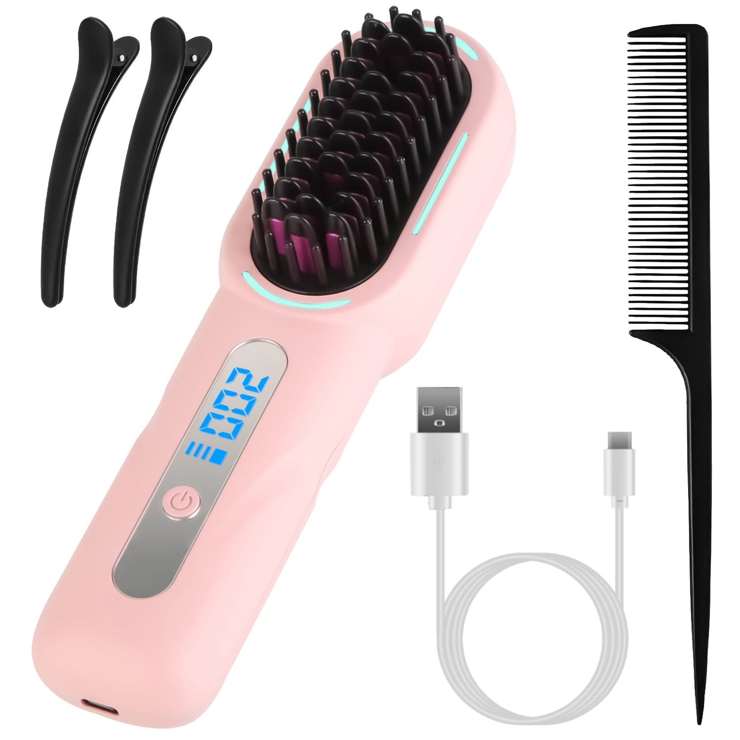 Cordless Hair Straightener Brush Rechargeable Mini Styling Comb with 4 Heating Levels Blue Light Sterilization Single press Stray Hair Removal 20Mins GBruno Store
