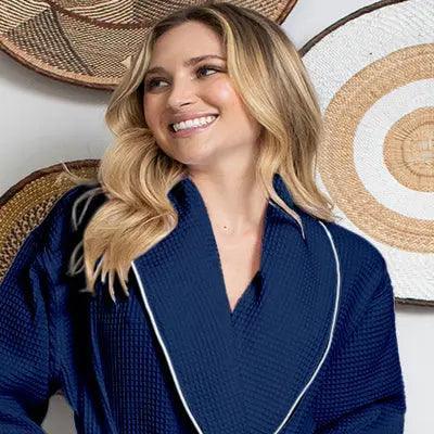 Women’s Waffle Piping Bathrobe – Lightweight Spa-Style Comfort Lotus Linen