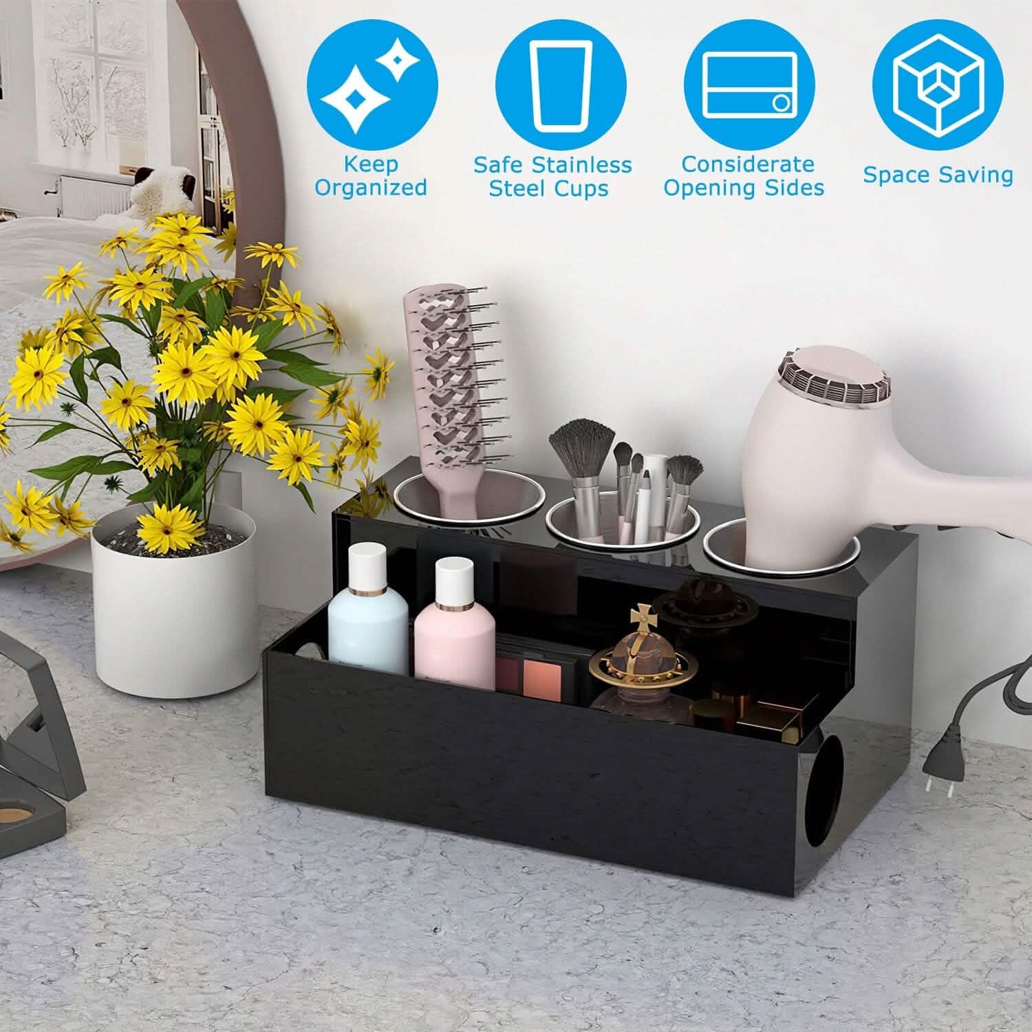 Hair Dryer Organizer with 3 Stainless Steel Cups DailySale