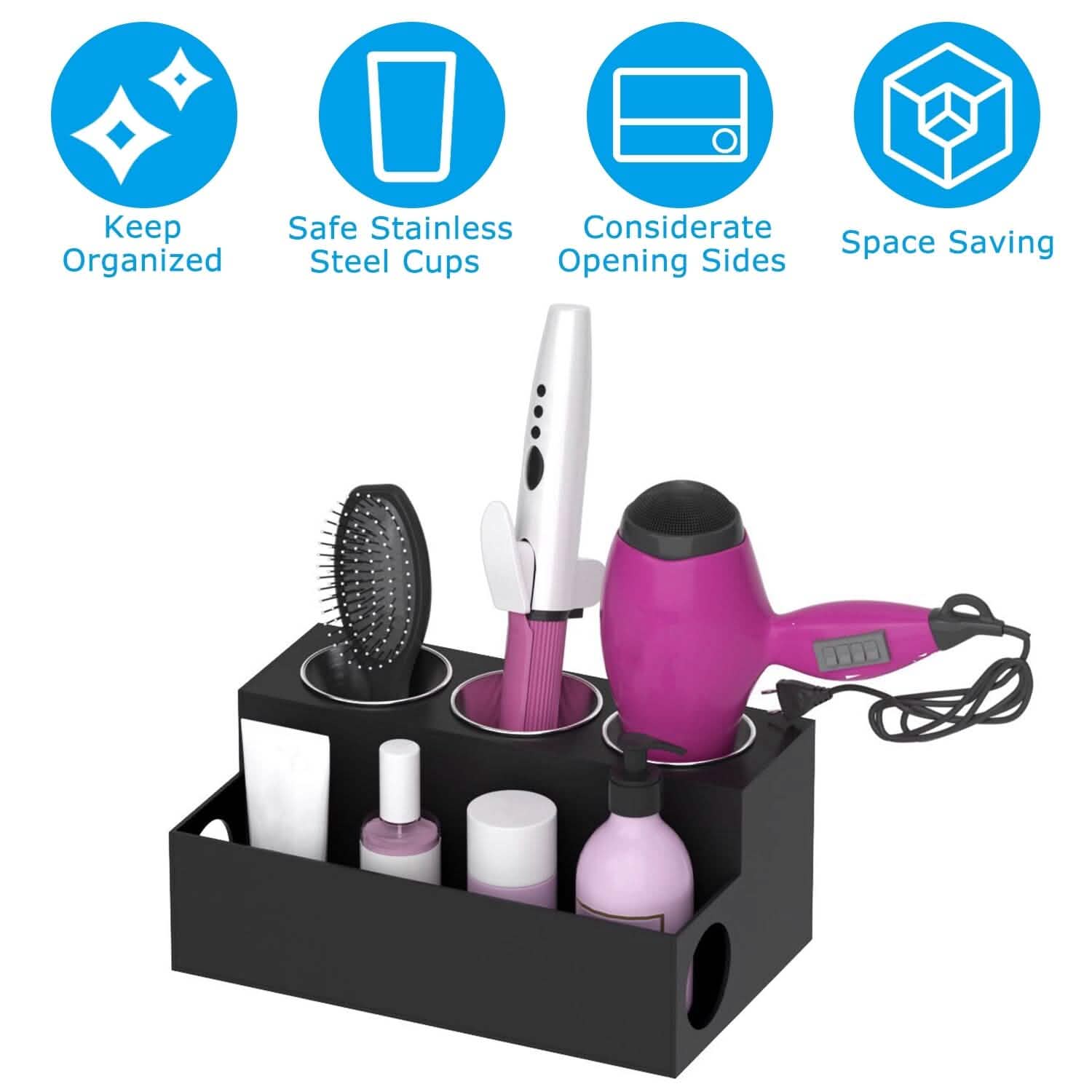 Hair Dryer Organizer with 3 Stainless Steel Cups DailySale