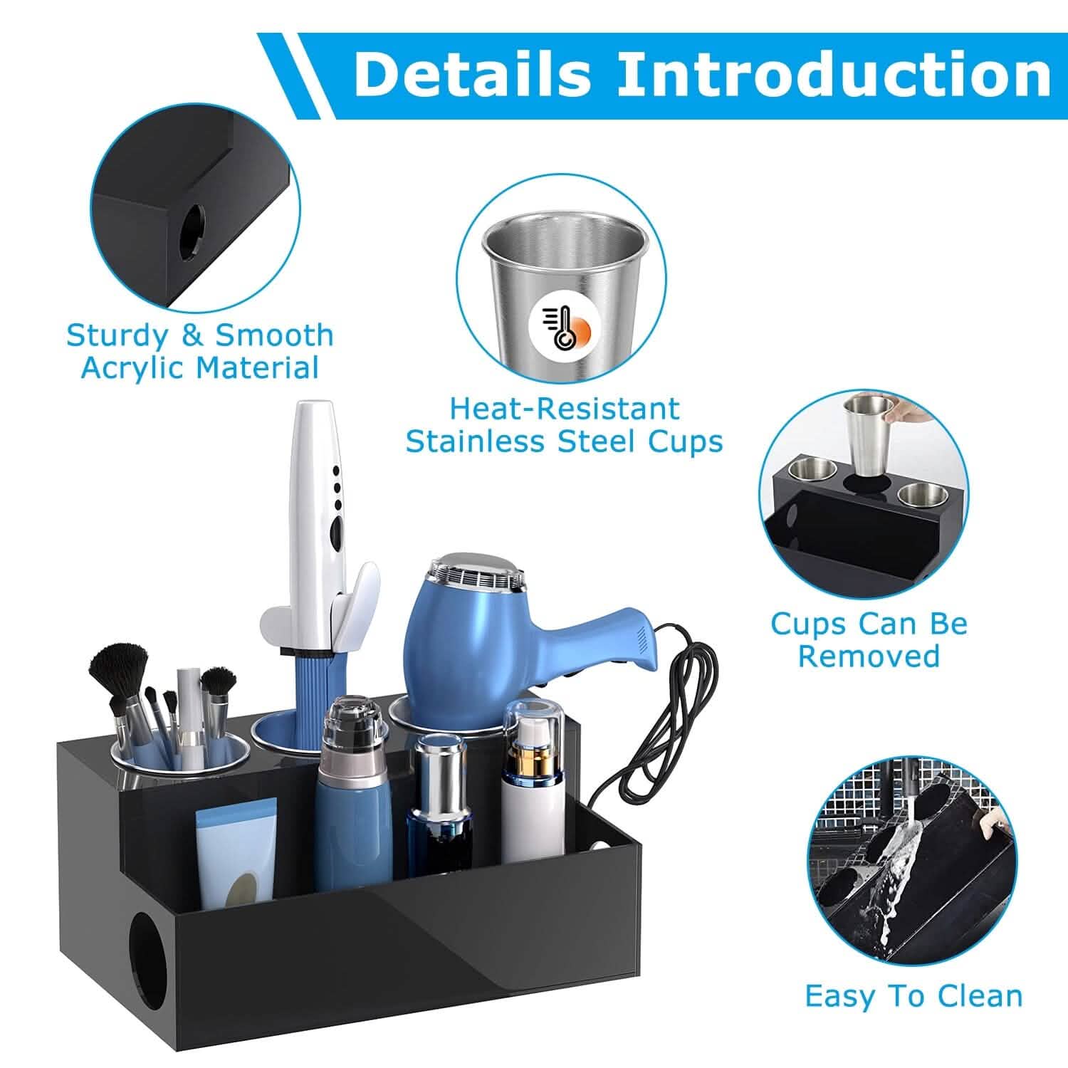 Hair Dryer Organizer with 3 Stainless Steel Cups DailySale