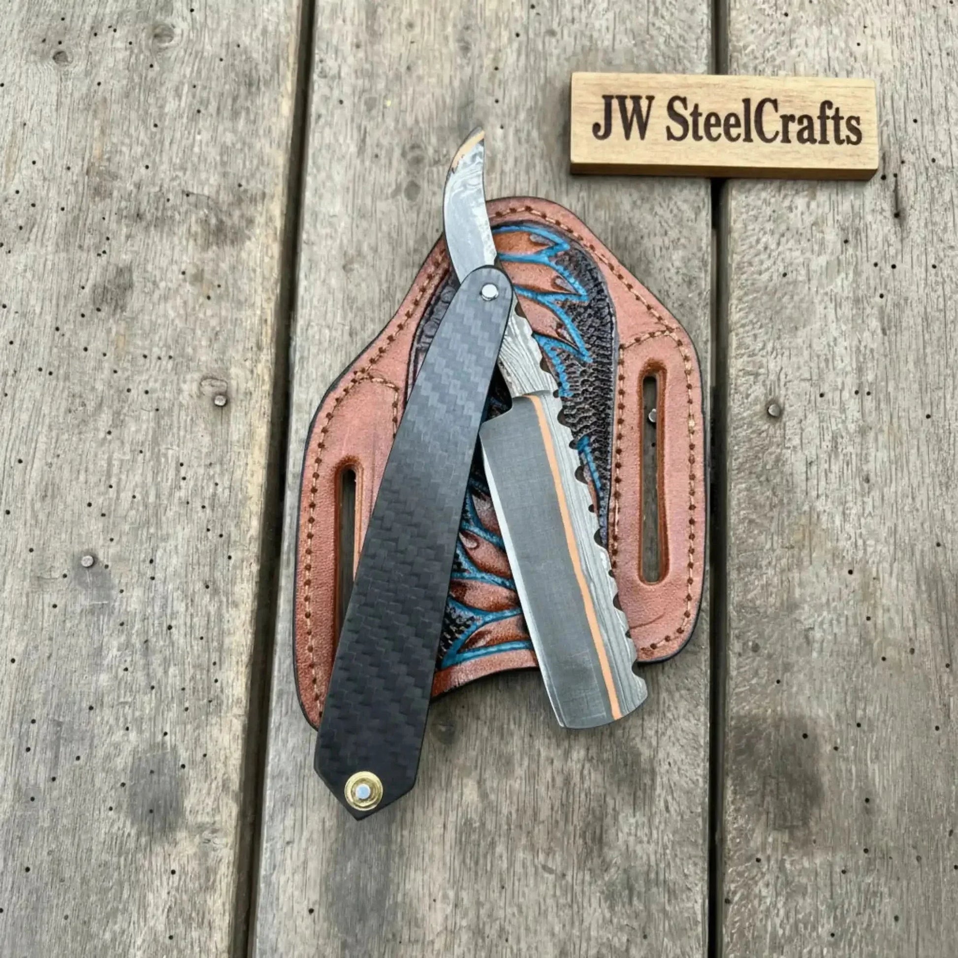 Copper Damascus Straight Razor Carbon Fiber Handle Barber Razor JW SteelCrafts
