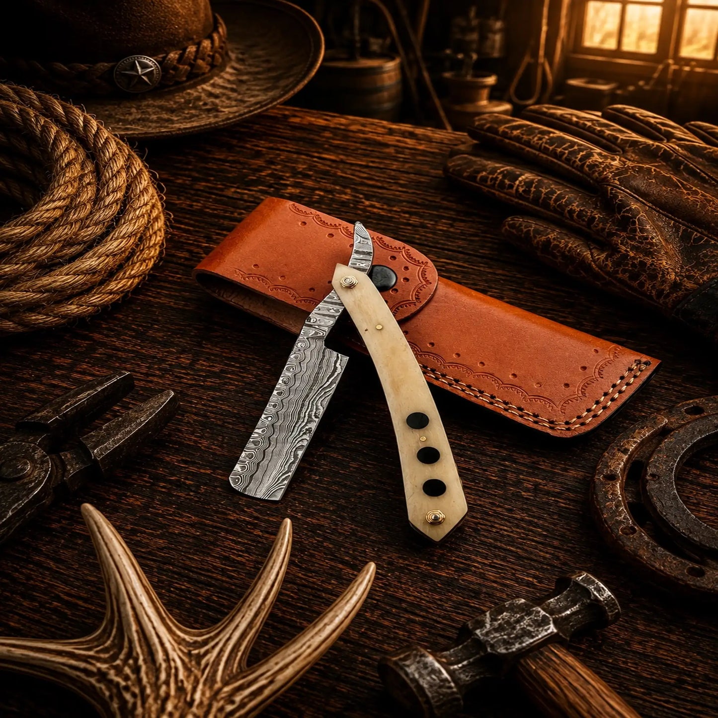 Old School Barber Straight Razor – Damascus Steel Folding Razor SHAM KNIVES