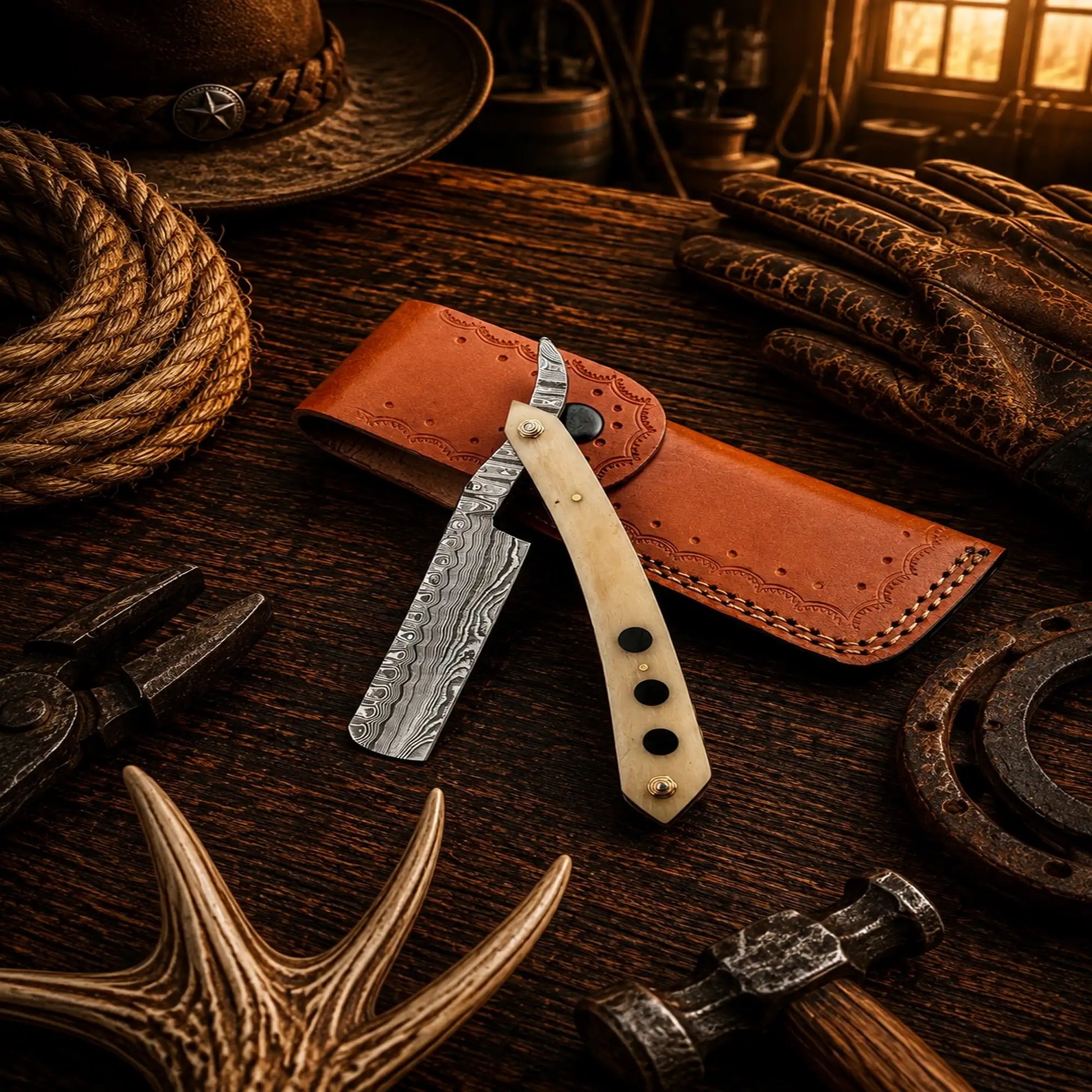 Old School Barber Straight Razor – Damascus Steel Folding Razor SHAM KNIVES