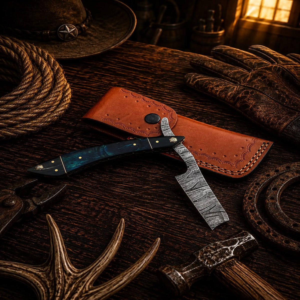 The Classic Cattleman Straight Razor – Handmade Damascus Steel Folding Razor SHAM KNIVES