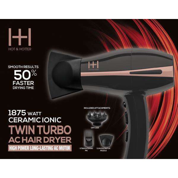 Hot & Hotter 1875 Watt Ceramic Ionic Dual Turbo AC Hair Dryer, 1 Count, Black Annie International, Inc.