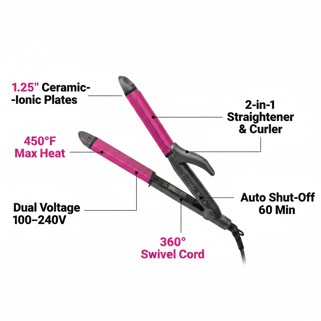 Hot & Hotter 2 in 1 Ceramic Flat Iron Hair Styler 1 1/4 Inch, 1 Count, Black & Pink Annie International, Inc.