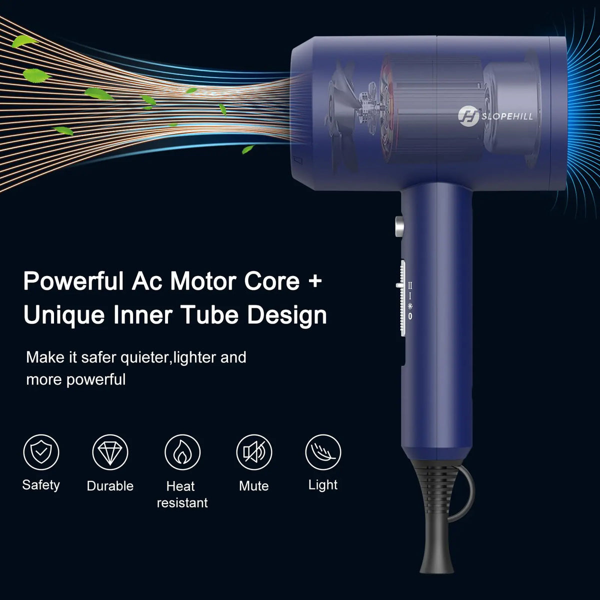Slopehill Professional Ionic Hair Dryer, Powerful 1800W Fast Drying Low Noise Blow Dryer with 2 Concentrator Nozzle 1 Diffuser Attachments for Home Salon Travel (Prussian Blue) Prussian Blue Anti Spier