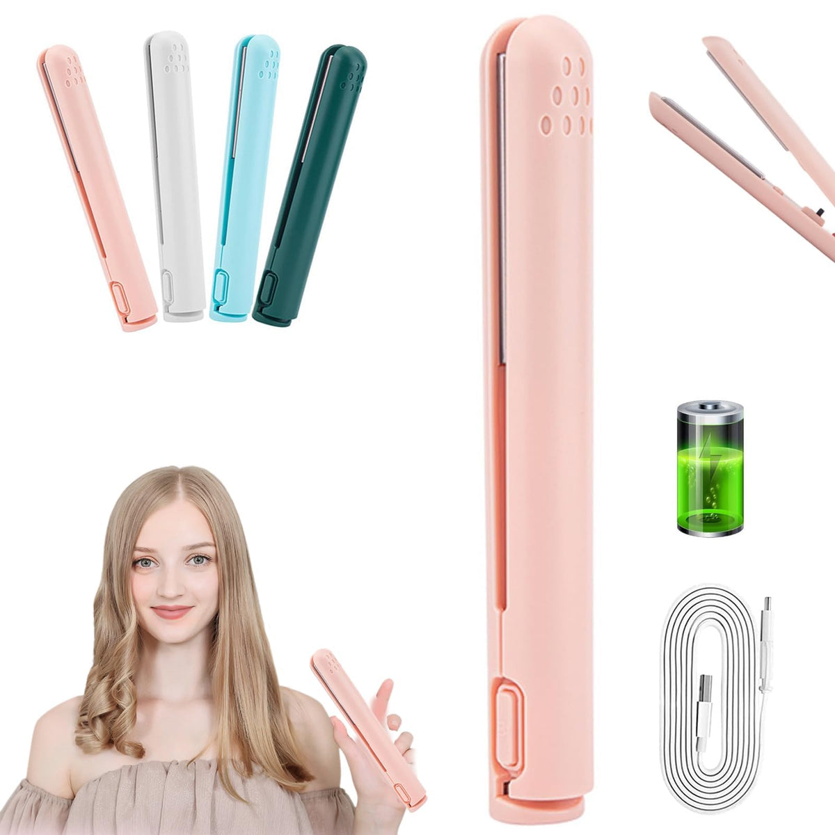 Life Sunny Mini Rechargeable Cordless Curling Iron - Dual Purpose for Short Hair (White) 7DAY'S