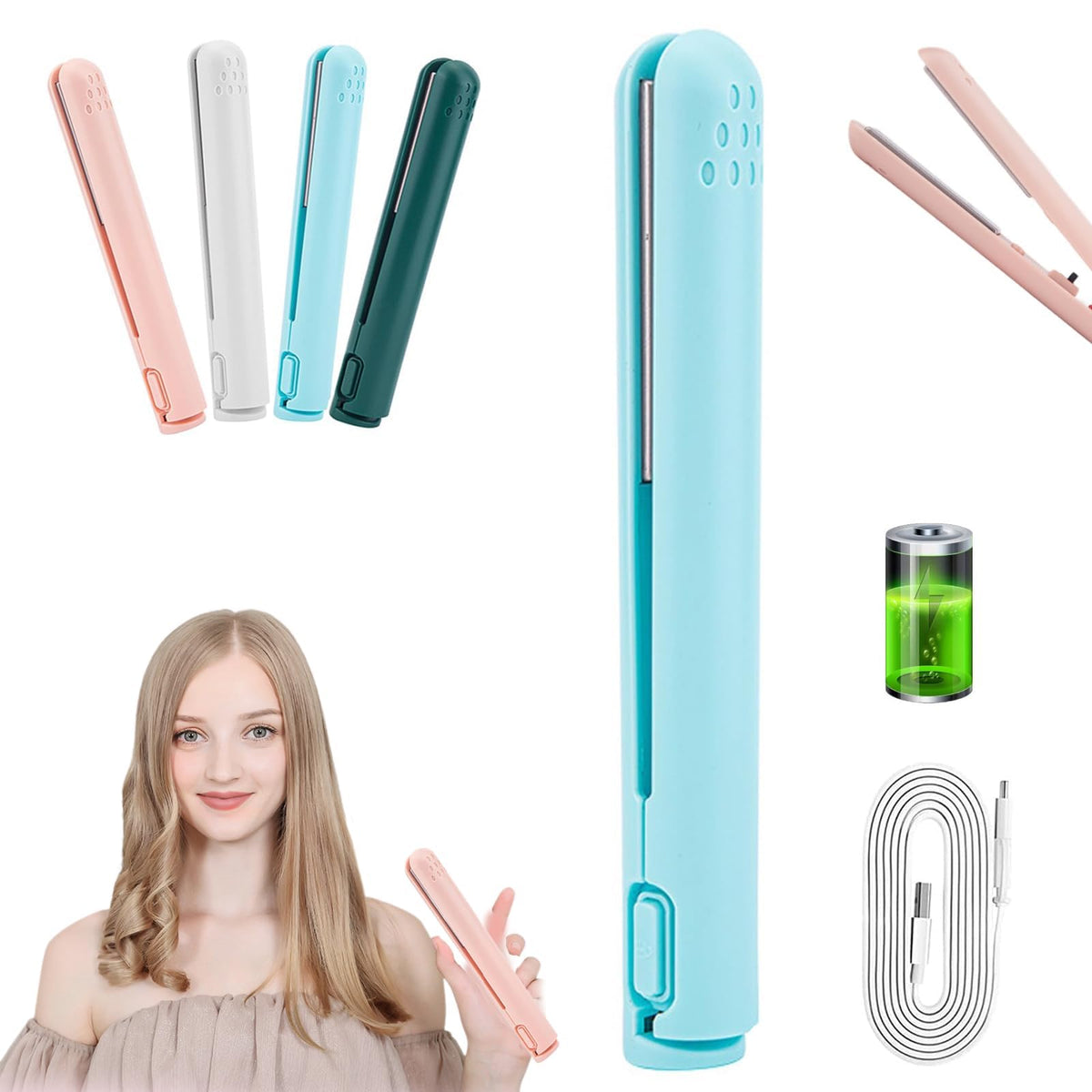 Life Sunny Mini Rechargeable Cordless Curling Iron - Dual Purpose for Short Hair (White) 7DAY'S