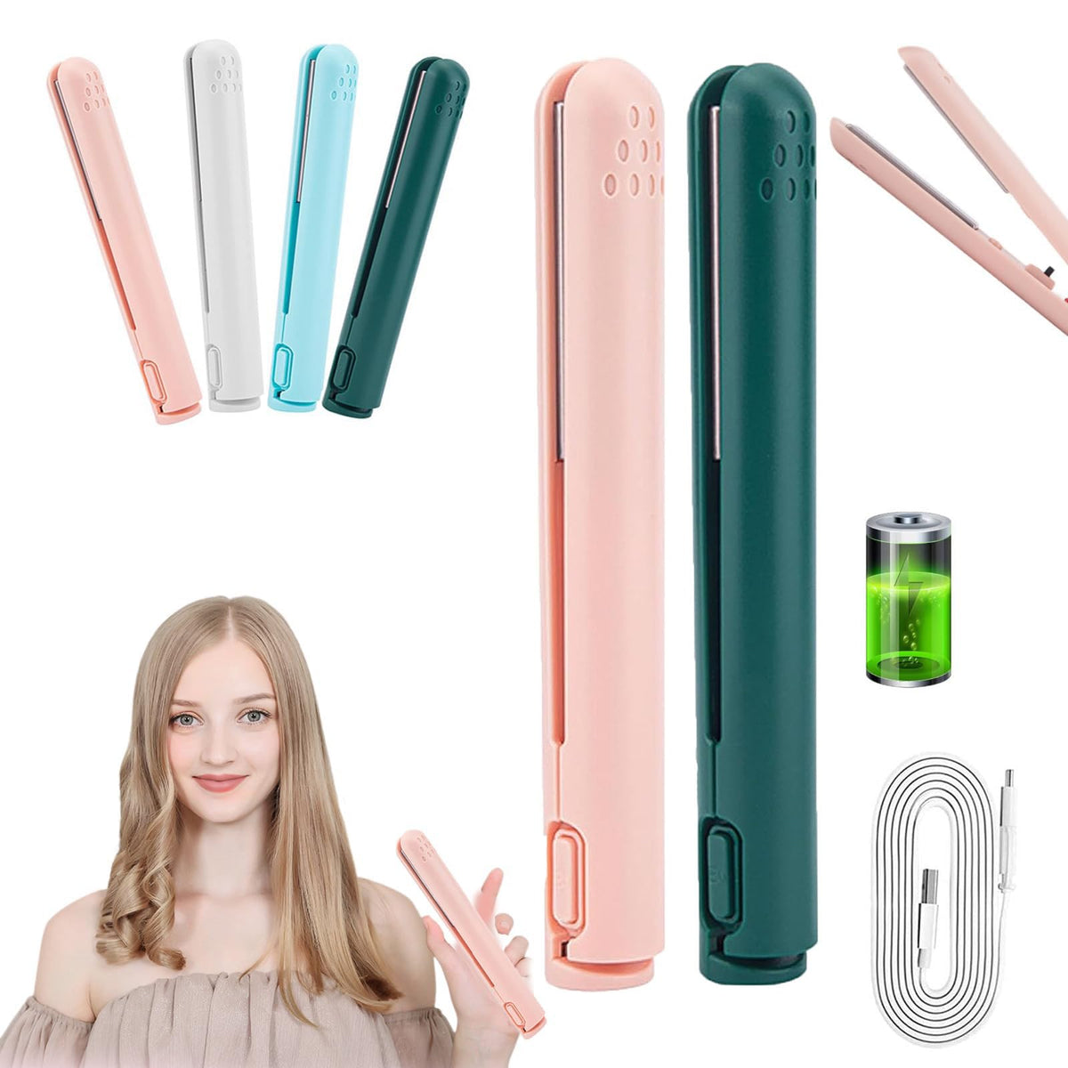 Life Sunny Mini Rechargeable Cordless Curling Iron - Dual Purpose for Short Hair (White) 7DAY'S