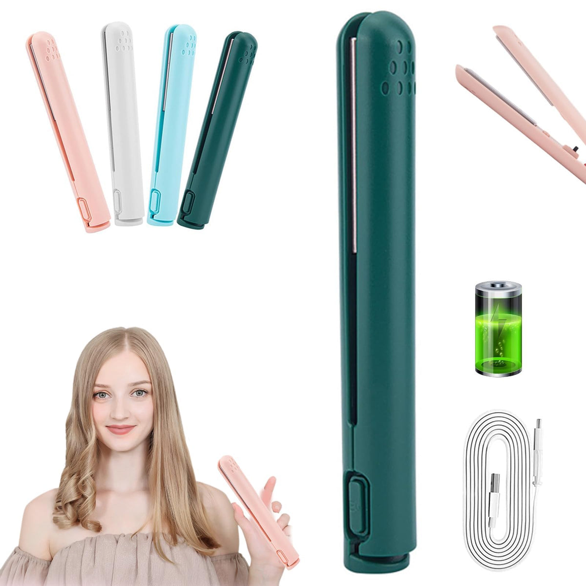 Life Sunny Mini Rechargeable Cordless Curling Iron - Dual Purpose for Short Hair (White) 7DAY'S