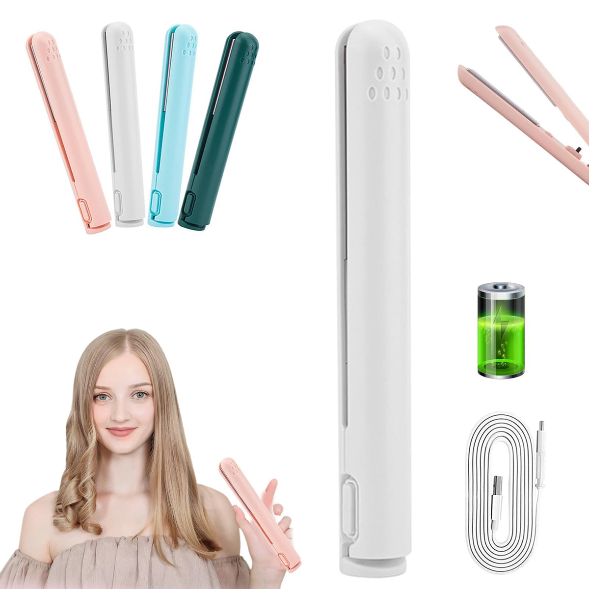 Life Sunny Mini Rechargeable Cordless Curling Iron - Dual Purpose for Short Hair (White) 7DAY'S