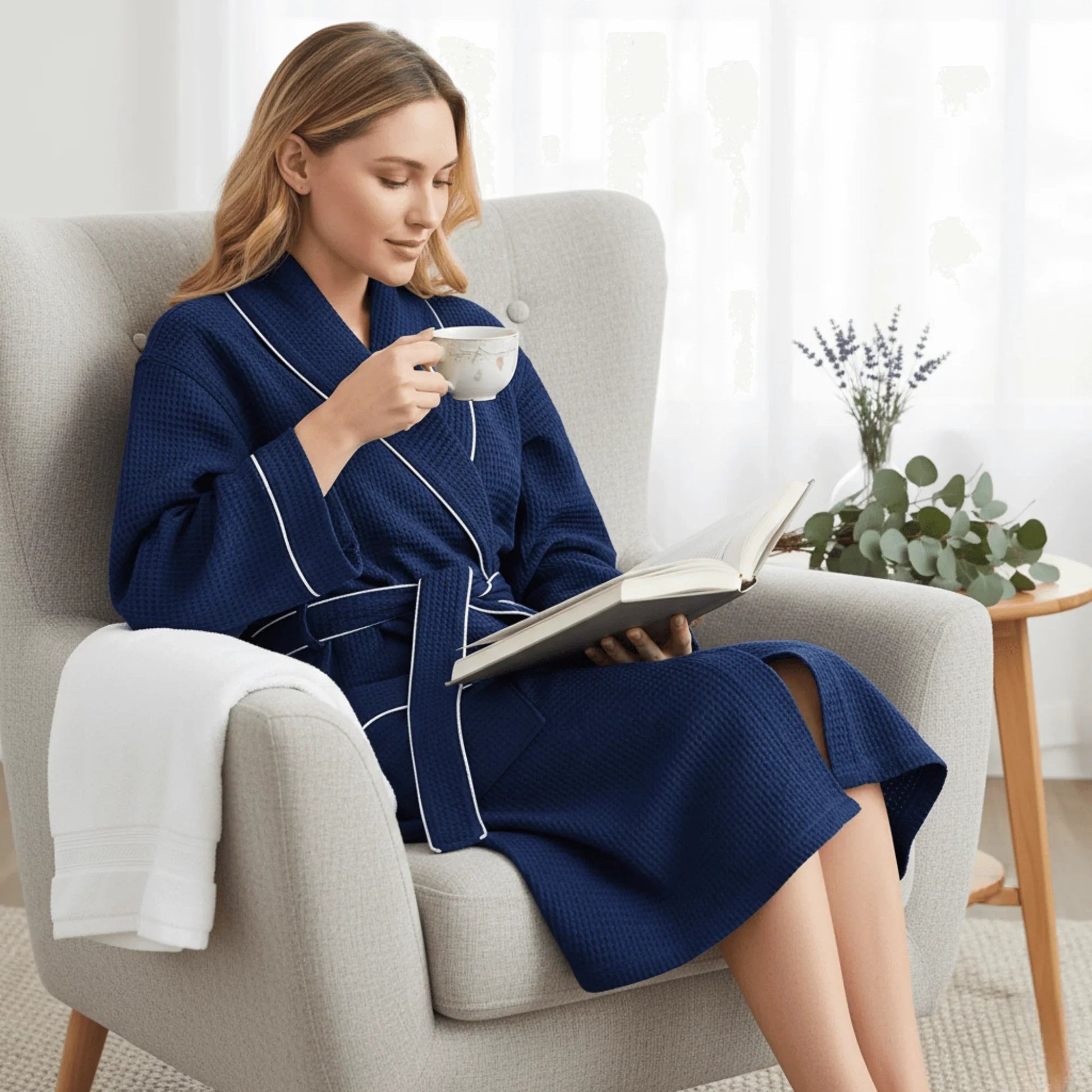 Knee-Length Waffle Robe for Women Lotus Linen
