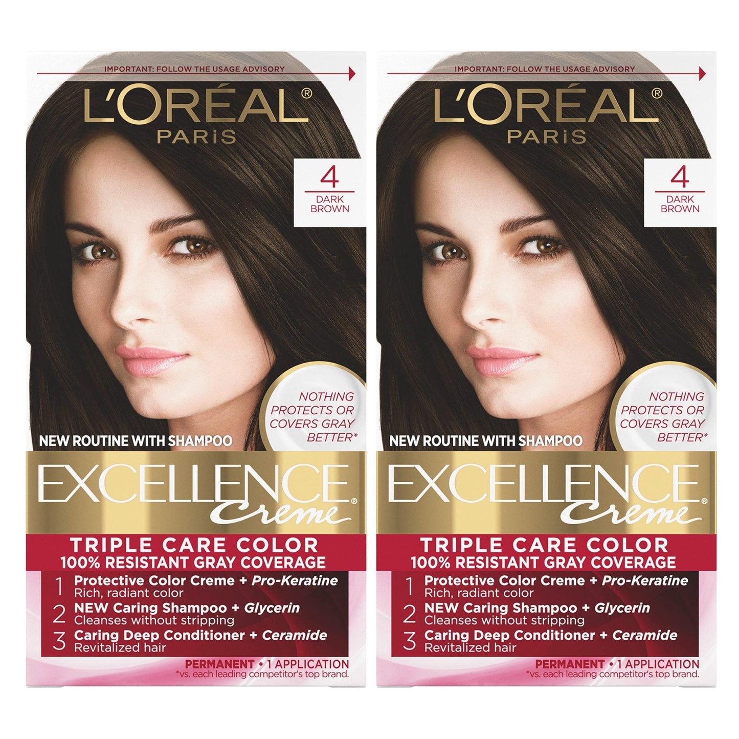 L'Oreal Paris Excellence Creme Permanent Hair Color, 4 Dark Brown, 100 percent Gray Coverage Hair Dye, Pack of 1