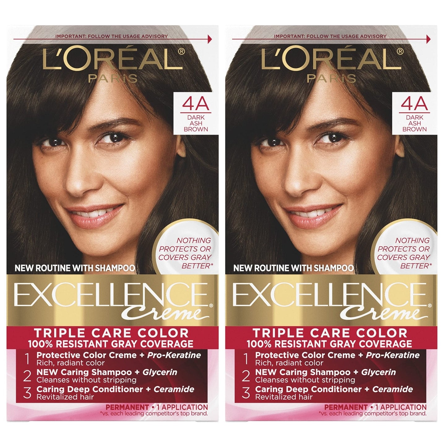 L'Oreal Paris Excellence Creme Permanent Hair Color, 4 Dark Brown, 100 percent Gray Coverage Hair Dye, Pack of 1