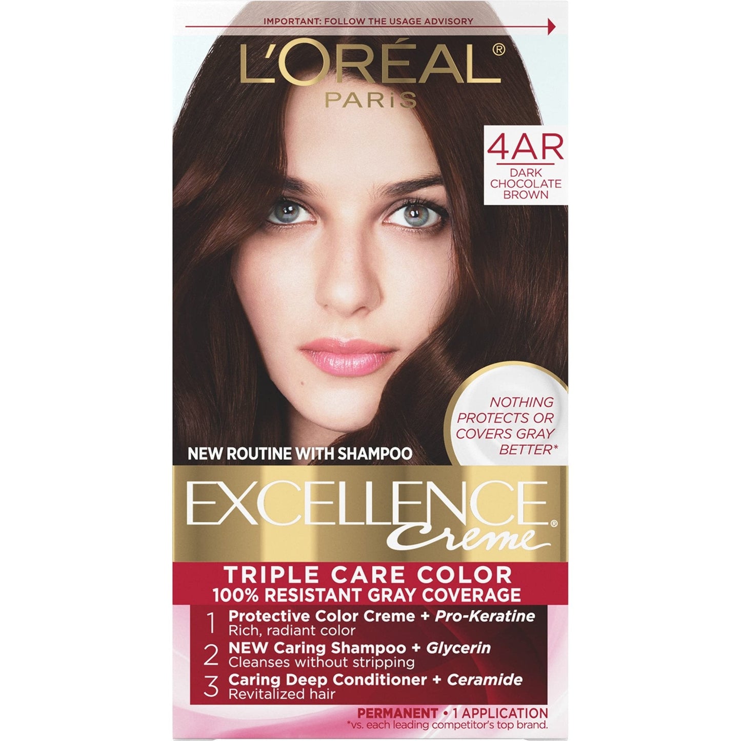 L'Oreal Paris Excellence Creme Permanent Hair Color, 4 Dark Brown, 100 percent Gray Coverage Hair Dye, Pack of 1
