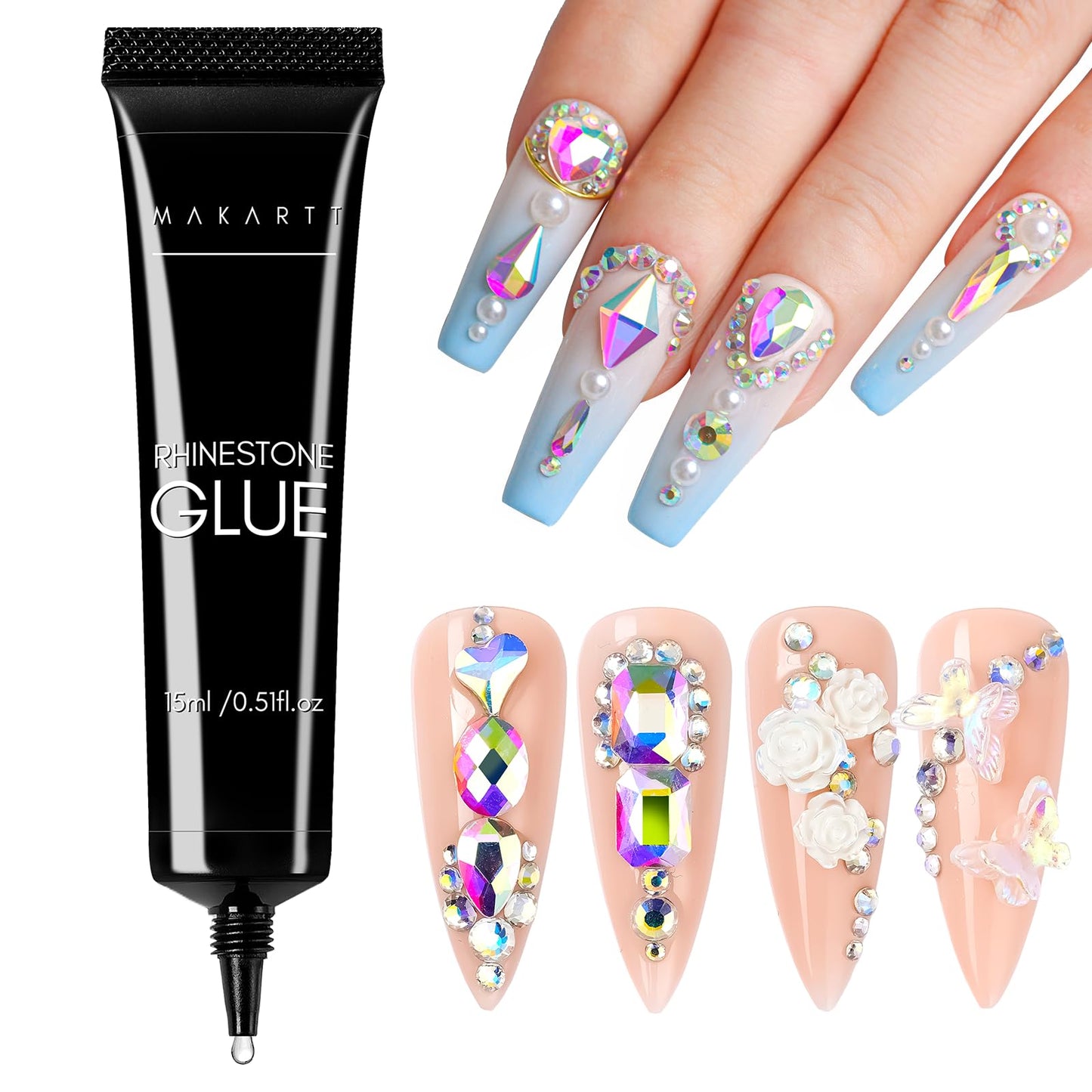 Makartt Nail Rhinestone Glue for Nails: Super Strong Gel Nail Glue for Decorations Nail Charm 3D Nails Bling Gel for Nail Gem Nail Art Jewel Diamonds 30ML Cured Need Beauty