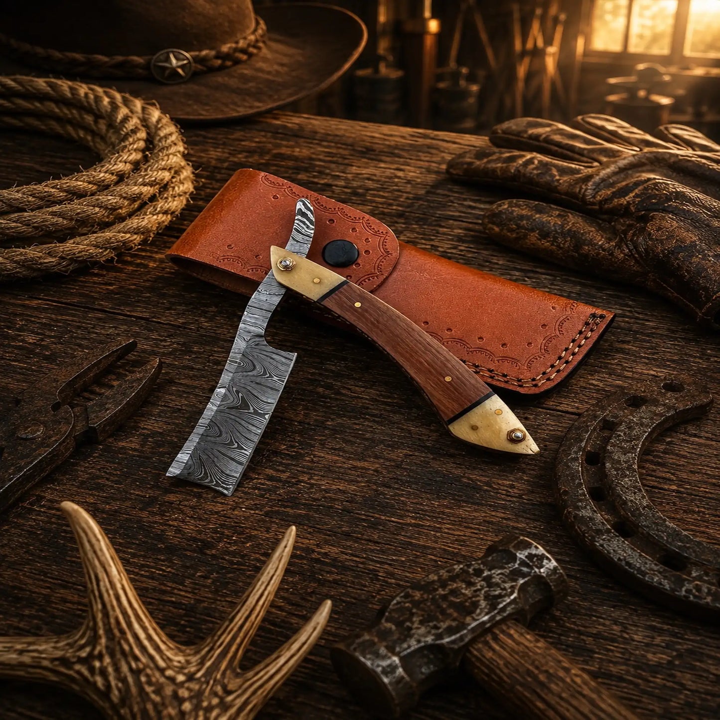 The Master Barber Damascus Steel Straight Razor – Rosewood Handle SHAM KNIVES