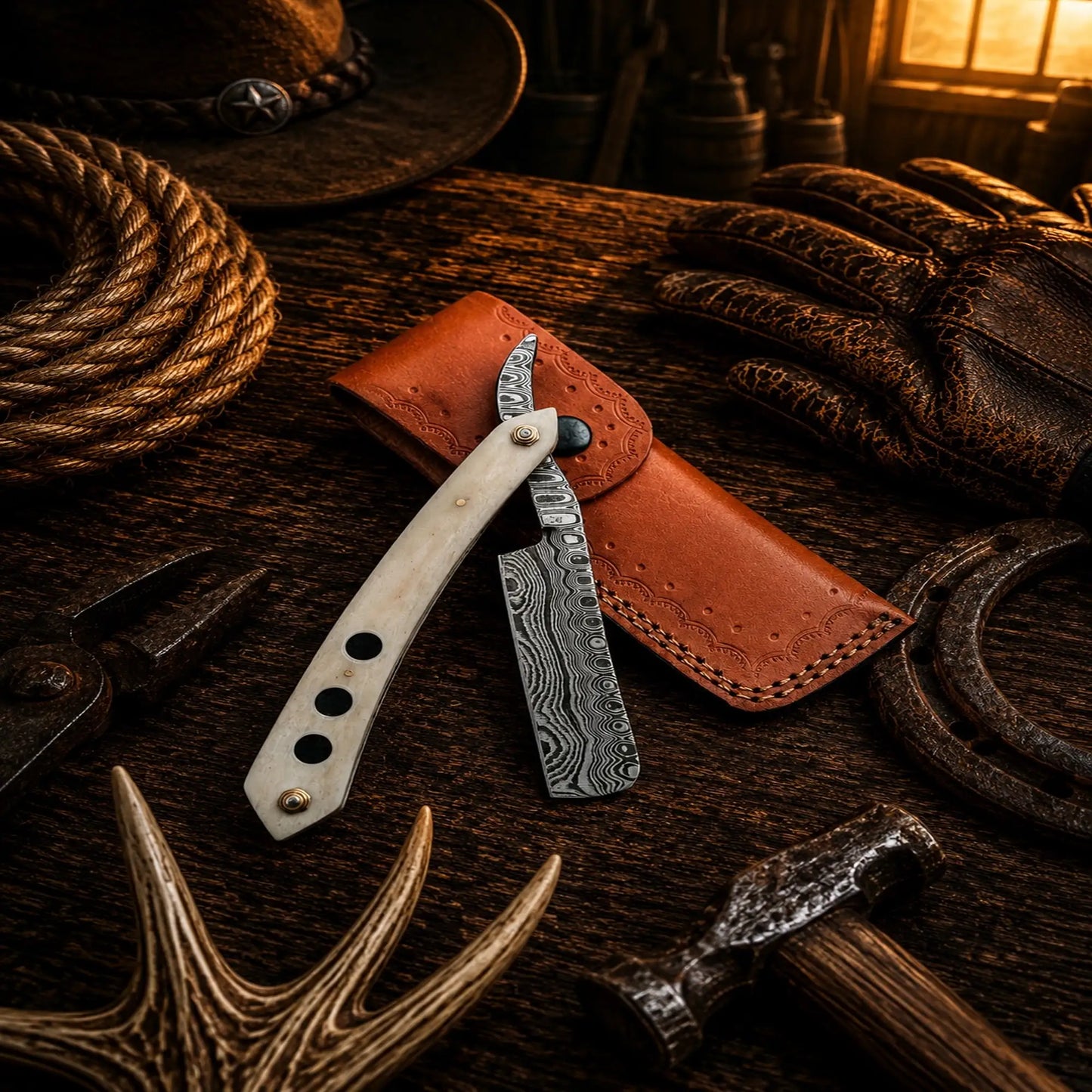 Old School Barber Straight Razor – Damascus Steel Folding Razor SHAM KNIVES
