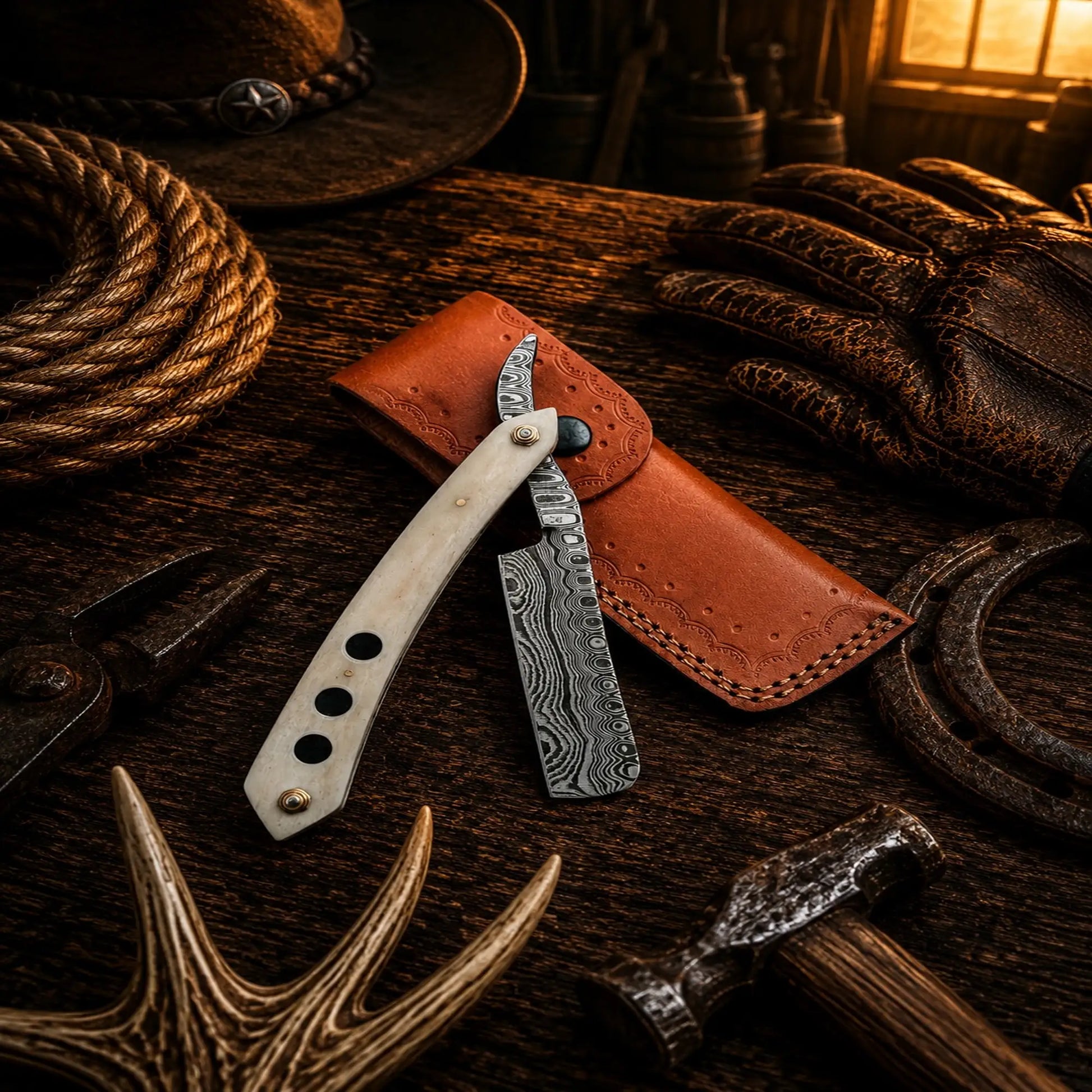Old School Barber Straight Razor – Damascus Steel Folding Razor SHAM KNIVES