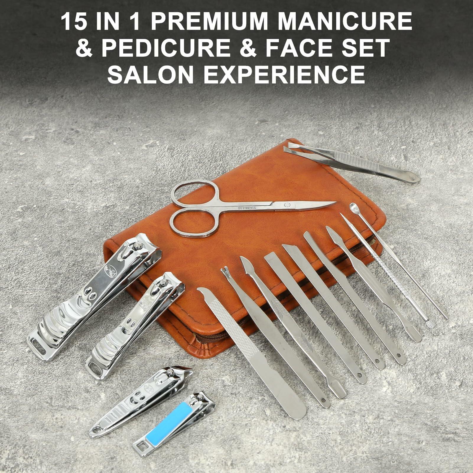 Manicure Set Nail Clippers Pedicure Kit 15Pcs Stainless Steel Brown Case Deal US