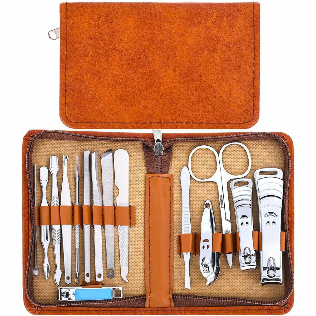 Manicure Set Nail Clippers Pedicure Kit 15Pcs Stainless Steel Brown Case Deal US