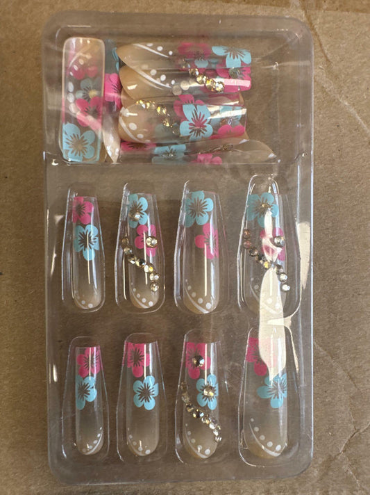 RUOKEXIN Acrylic Coffin Nails 24Pcs Red Blue Flower Gold Rhinestones Glossy Deal US