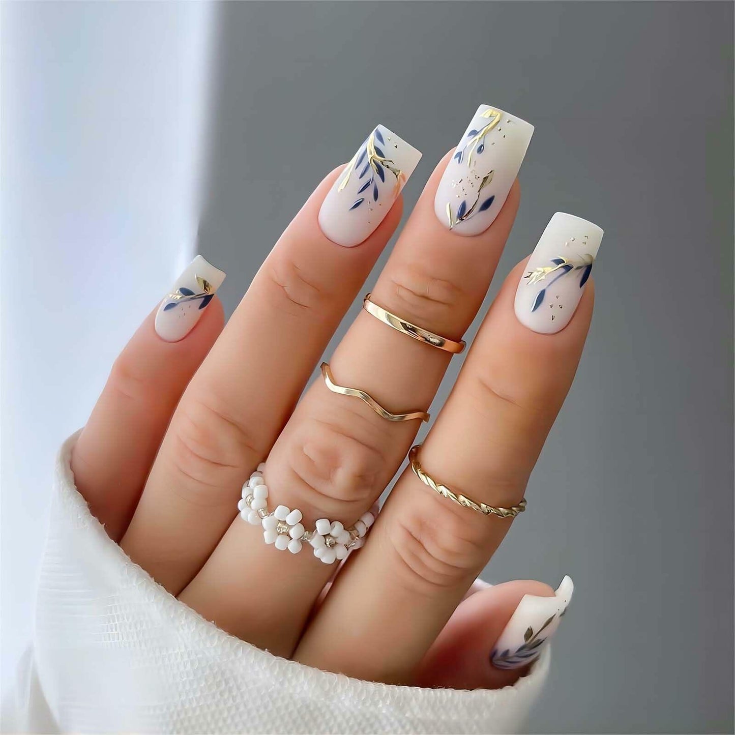 RUOKEXIN Acrylic Coffin Nails 24Pcs Red Blue Flower Gold Rhinestones Glossy Deal US