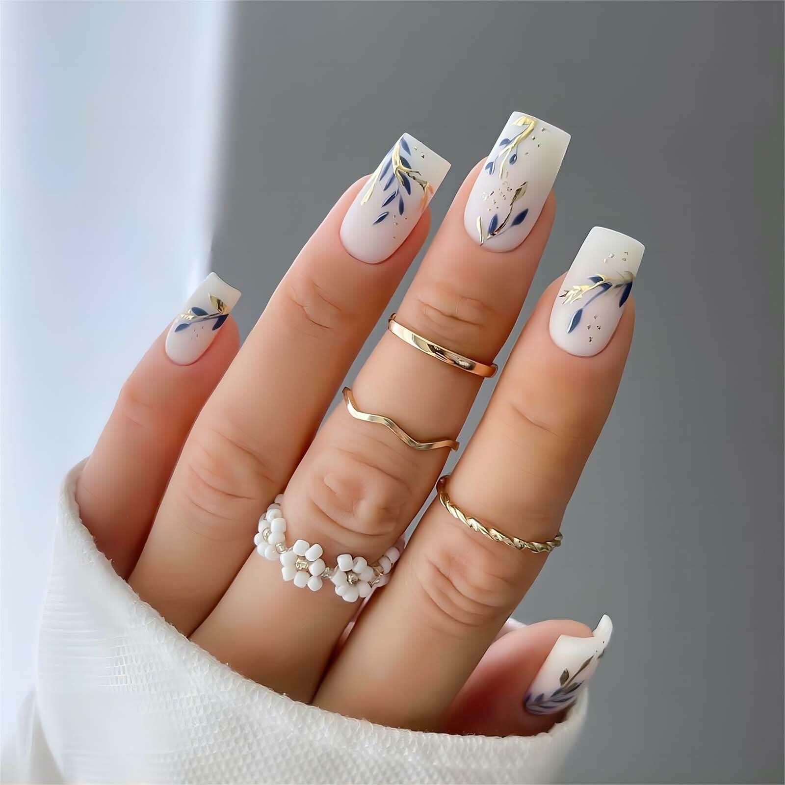 RUOKEXIN Acrylic Coffin Nails 24Pcs Red Blue Flower Gold Rhinestones Glossy Deal US