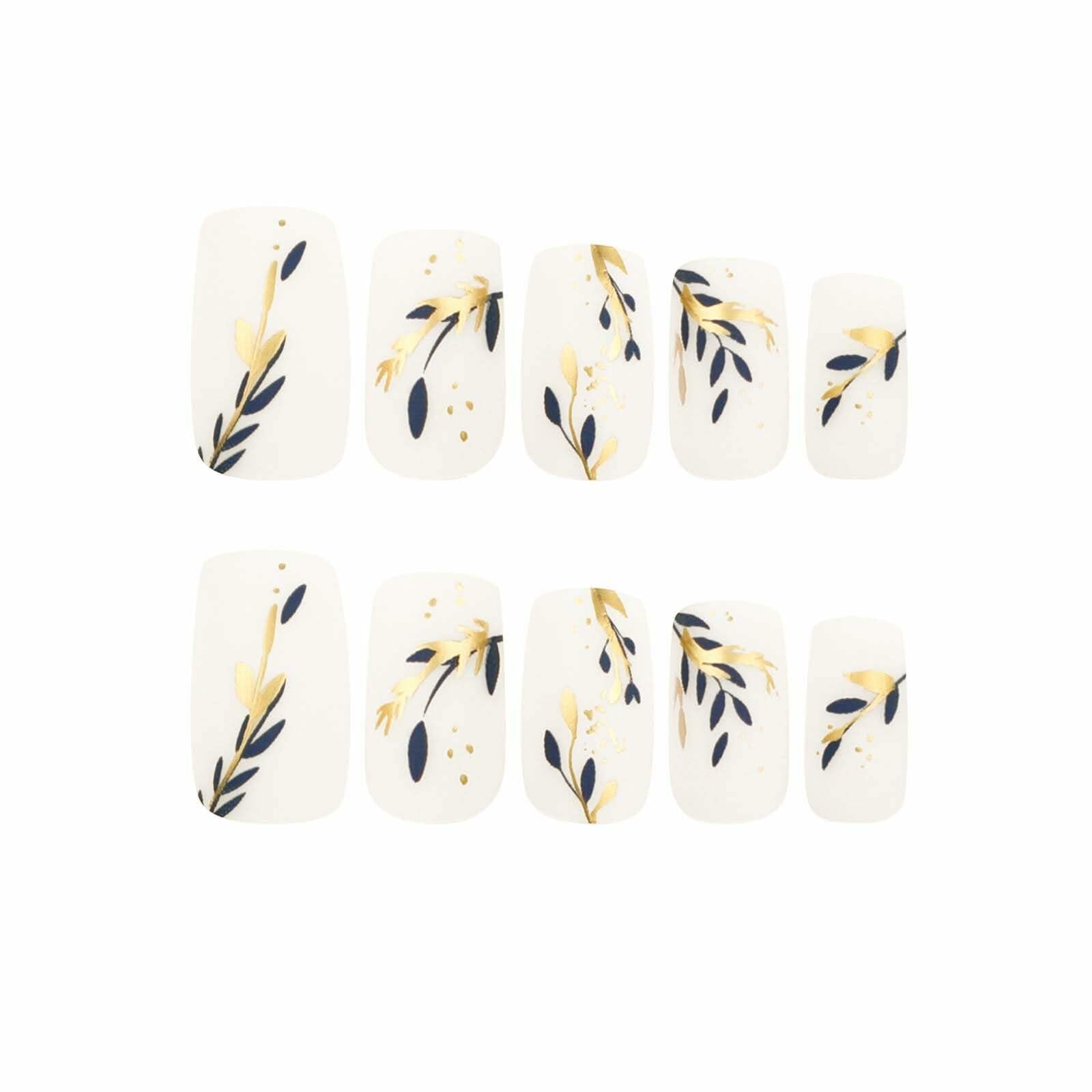 RUOKEXIN Acrylic Coffin Nails 24Pcs Red Blue Flower Gold Rhinestones Glossy Deal US